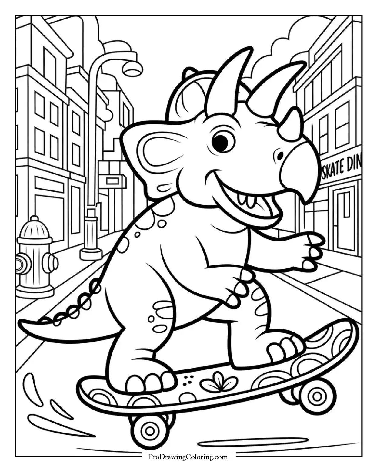 triceratops skateboard city coloring page Fun Triceratops dinosaur coloring page skateboarding through a city street, great activity for kids who love action scenes.