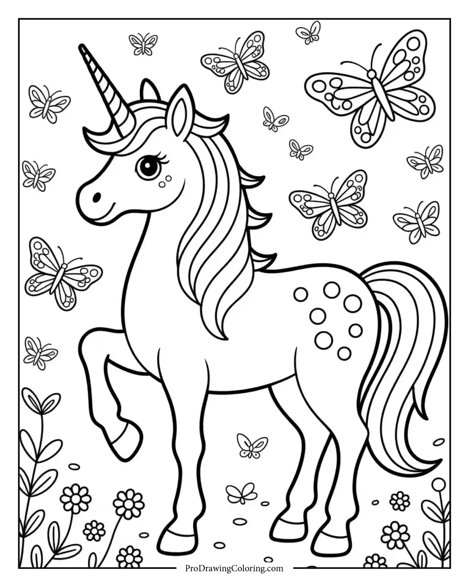unicorn butterflies coloring page printable Beautiful unicorn coloring page printable surrounded by flying butterflies