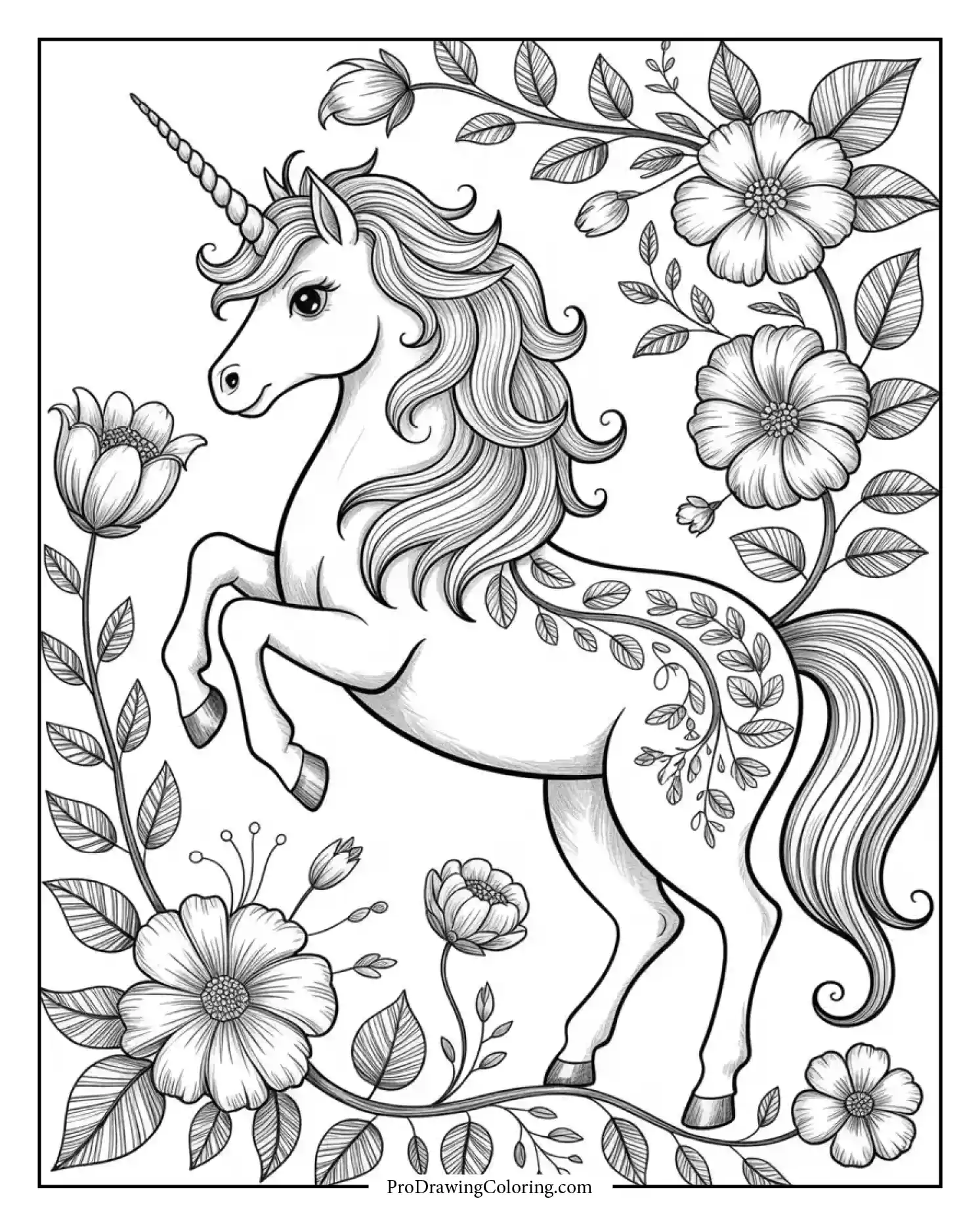 unicorn flowers coloring page adults Beautiful unicorn coloring page for adults surrounded by floral patterns