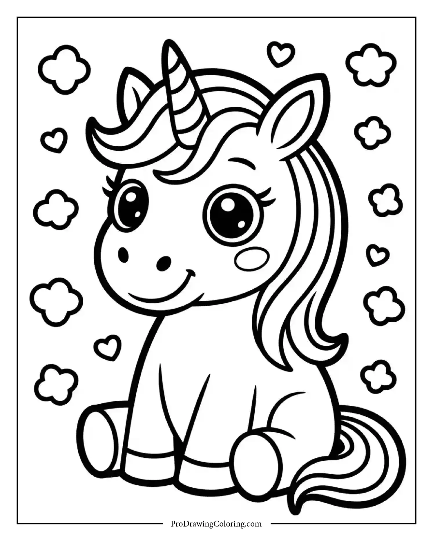 unicorn sitting coloring page printable Adorable unicorn coloring page printable of a unicorn sitting with a happy face