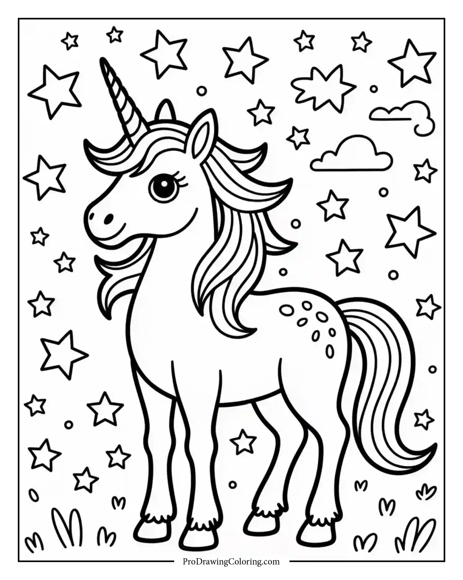 unicorn stars coloring page printable Magical unicorn coloring page printable surrounded by shining stars