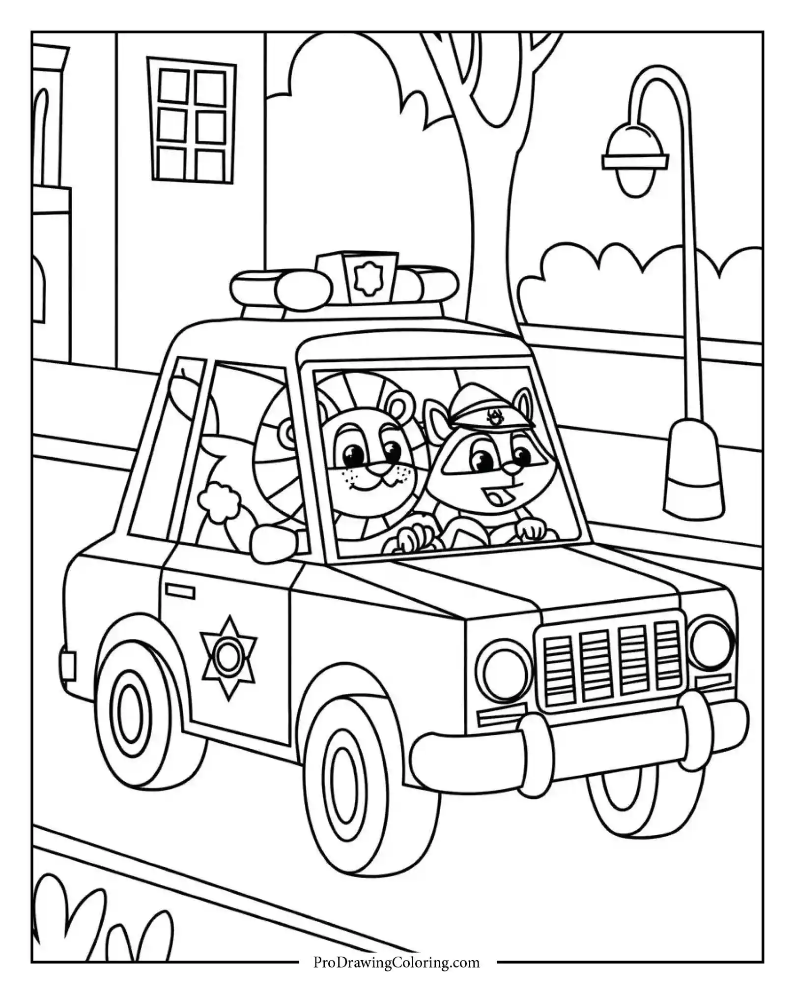Animal police car patrol coloring page with friendly animal officers on duty.