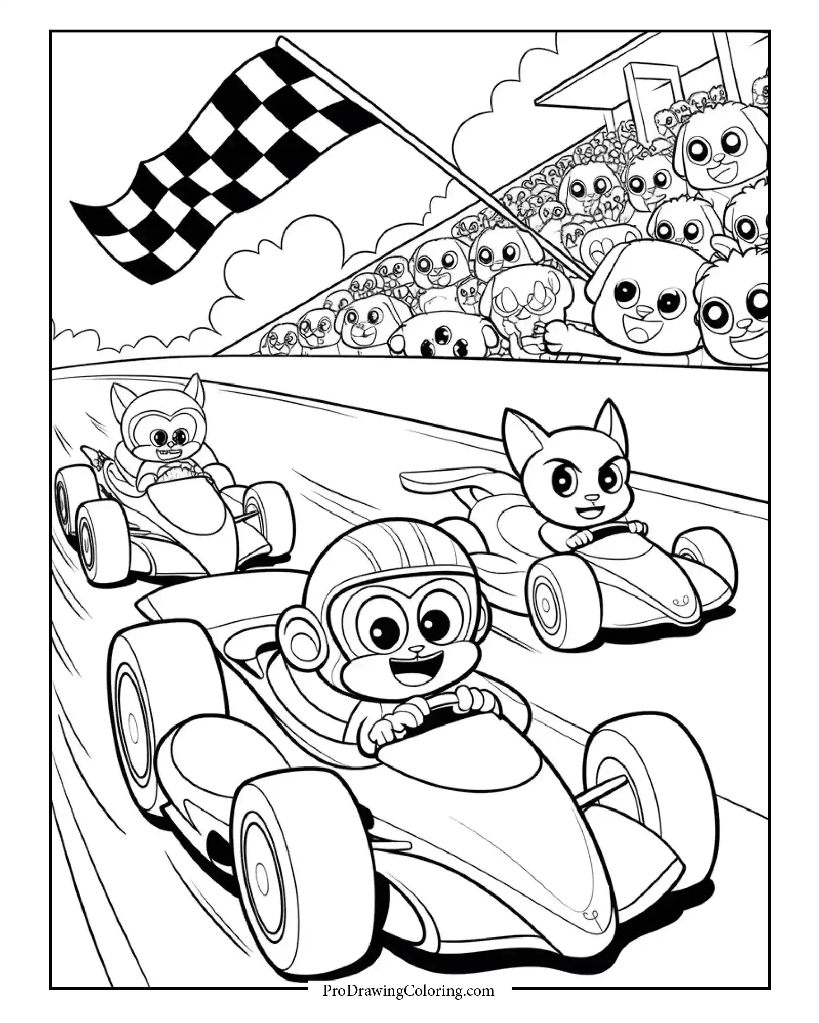 Monkey, fox and cat racing their cars on the track with cheering crowd