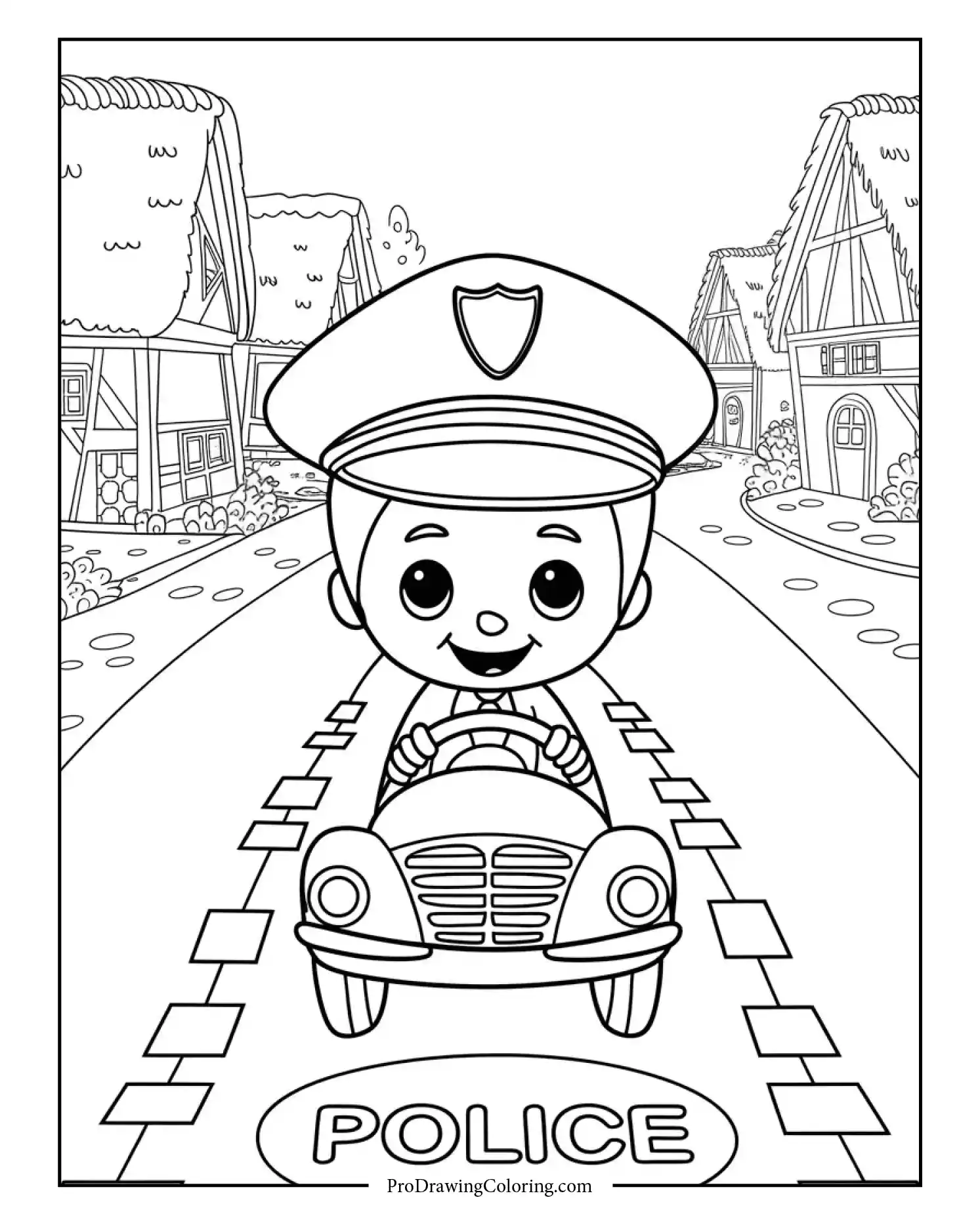 Happy boy wearing police hat driving a police car in a village street