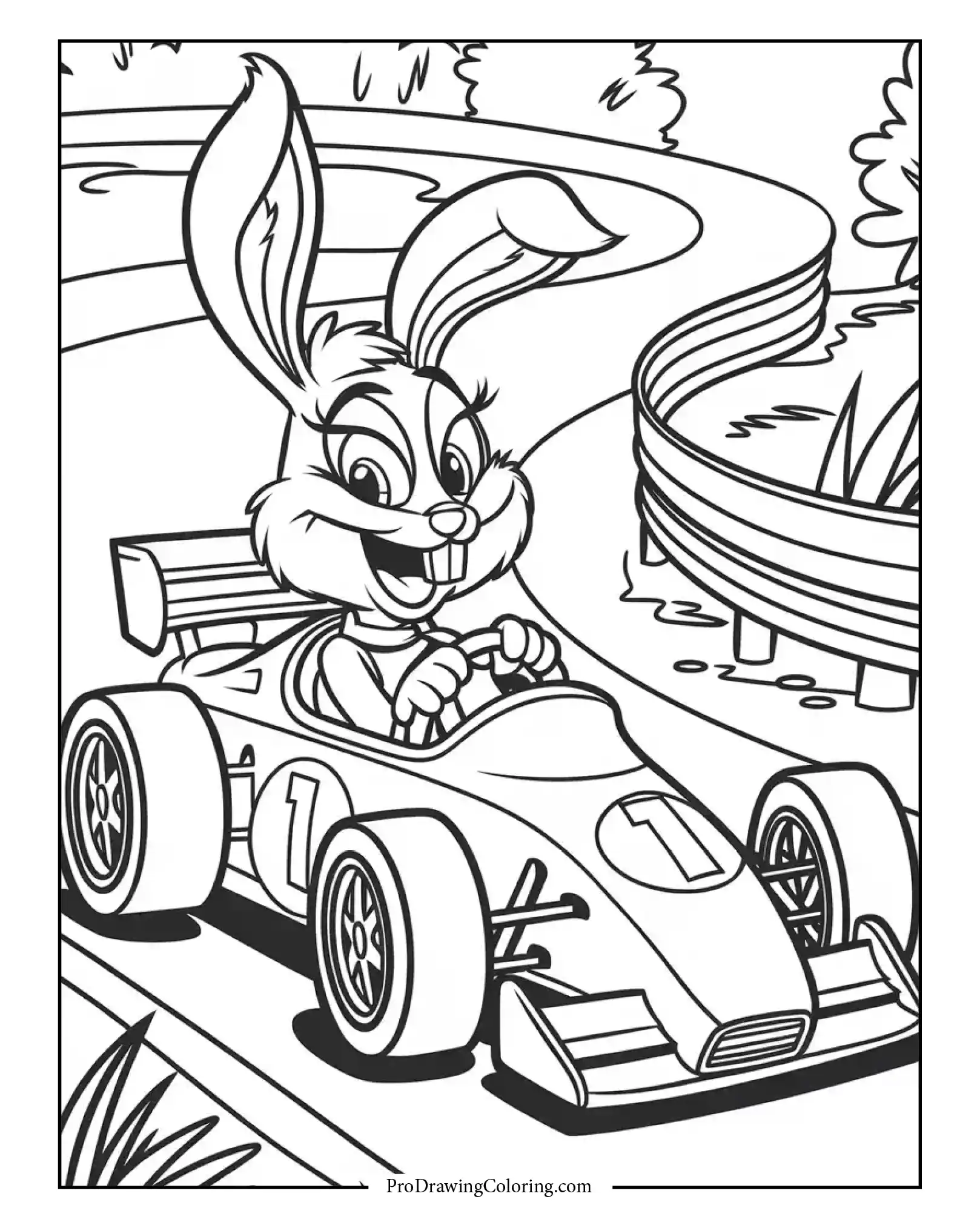 Cute bunny driving a race car with number one, cheerful race car coloring page for kids