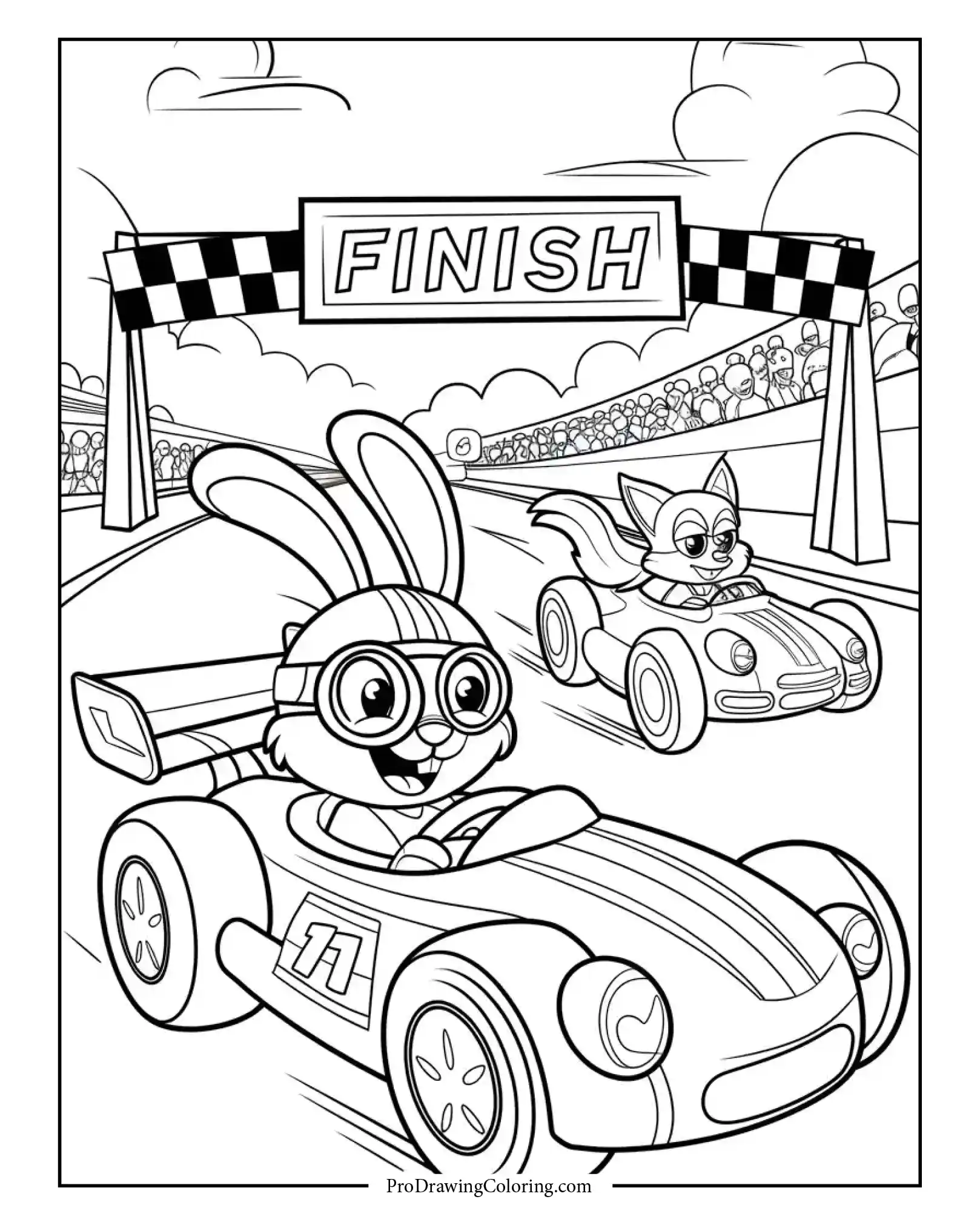Happy bunny and fox racing to the finish line in race cars