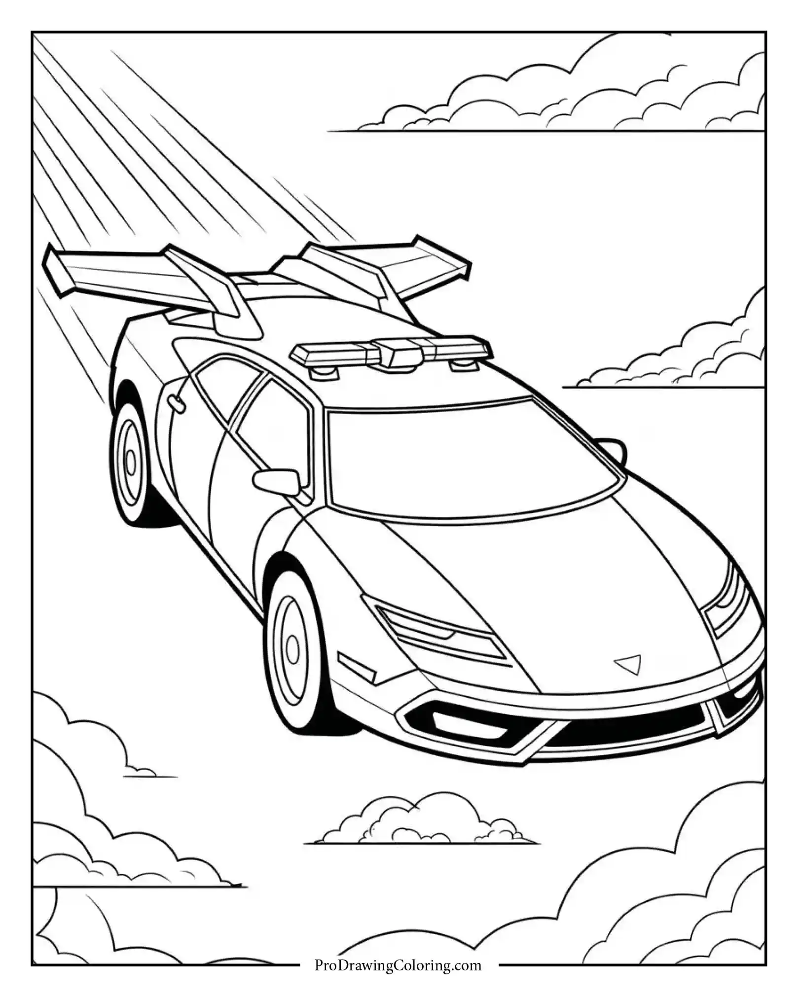 Flying police car coloring page with jet boosters and high-tech wings.