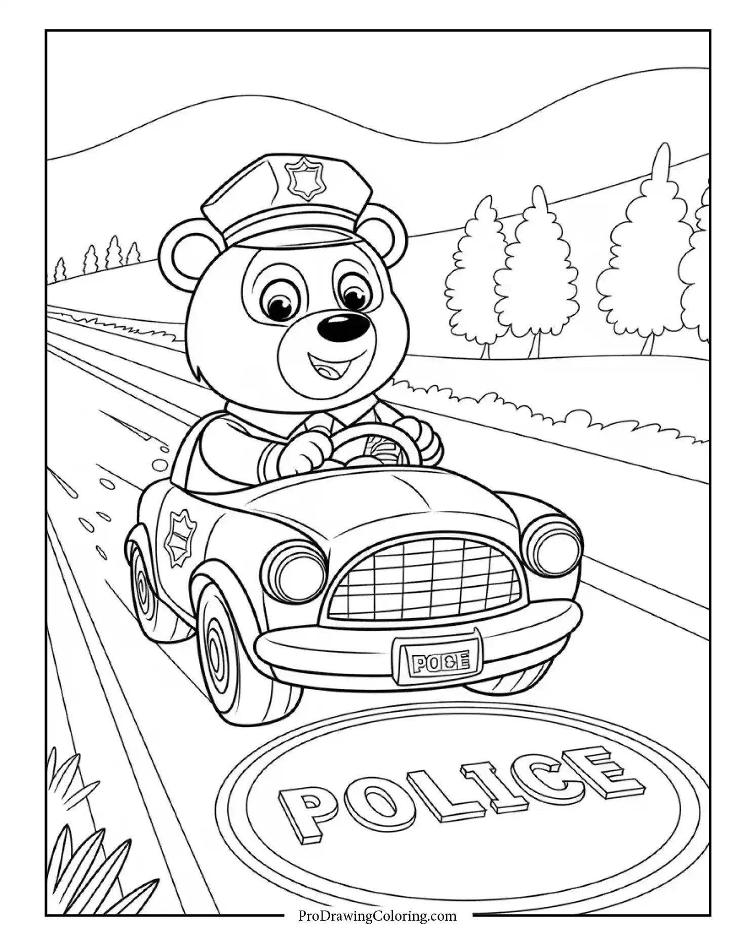 Adorable bear wearing a police hat driving a cartoon police car on the road