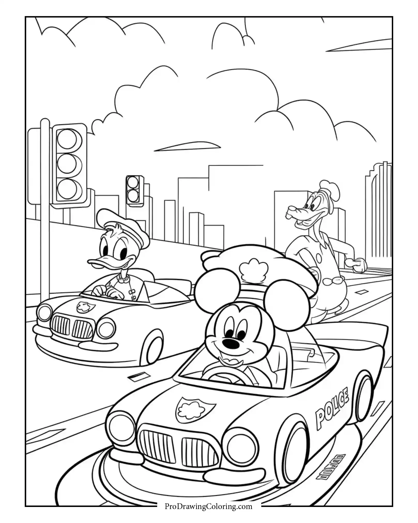 Mickey Mouse, Donald Duck and Goofy driving race cars in the city, Disney race car coloring page for kids
