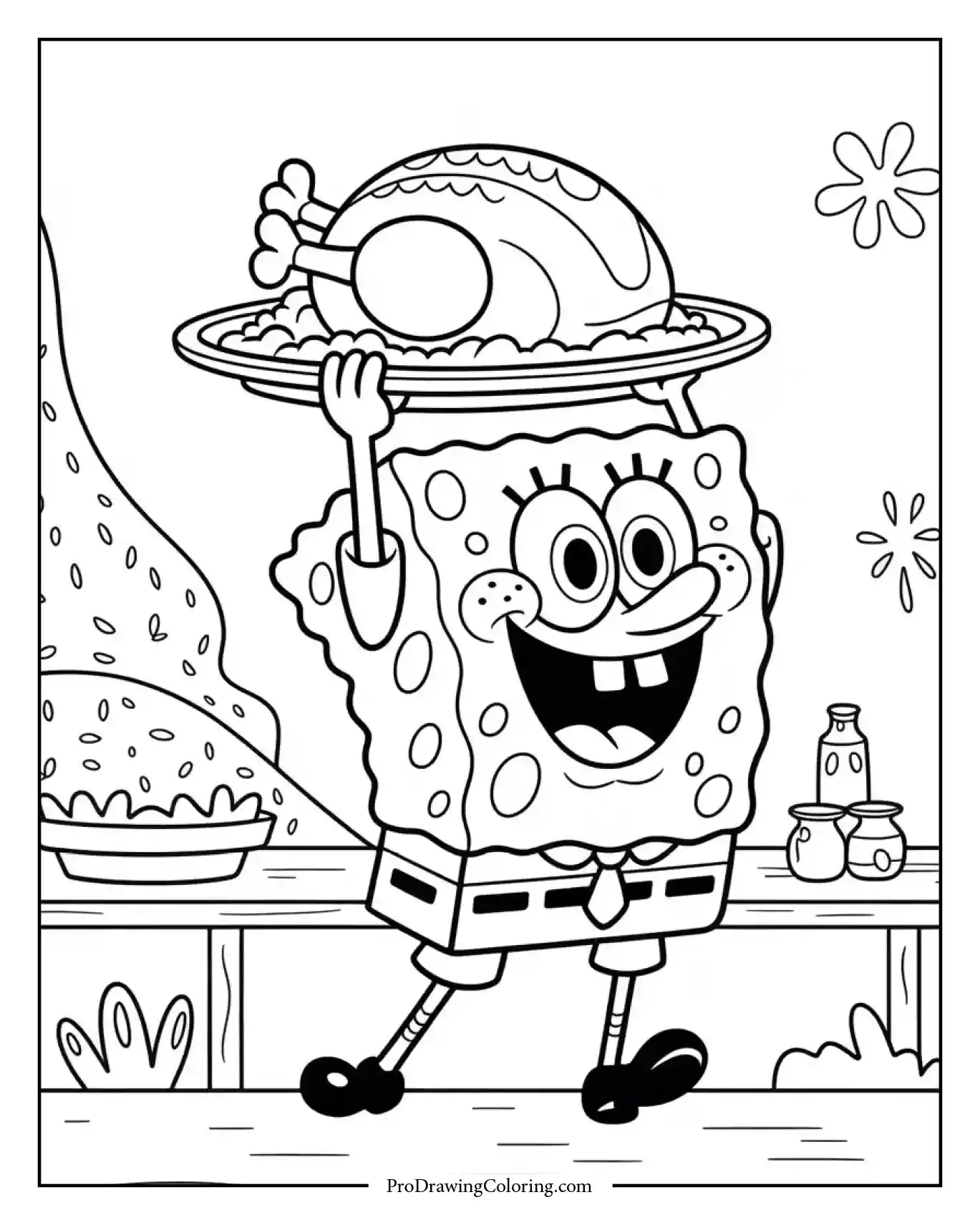 disney thanksgiving spongebob Thanksgiving coloring sheet of SpongeBob holding a roasted turkey platter