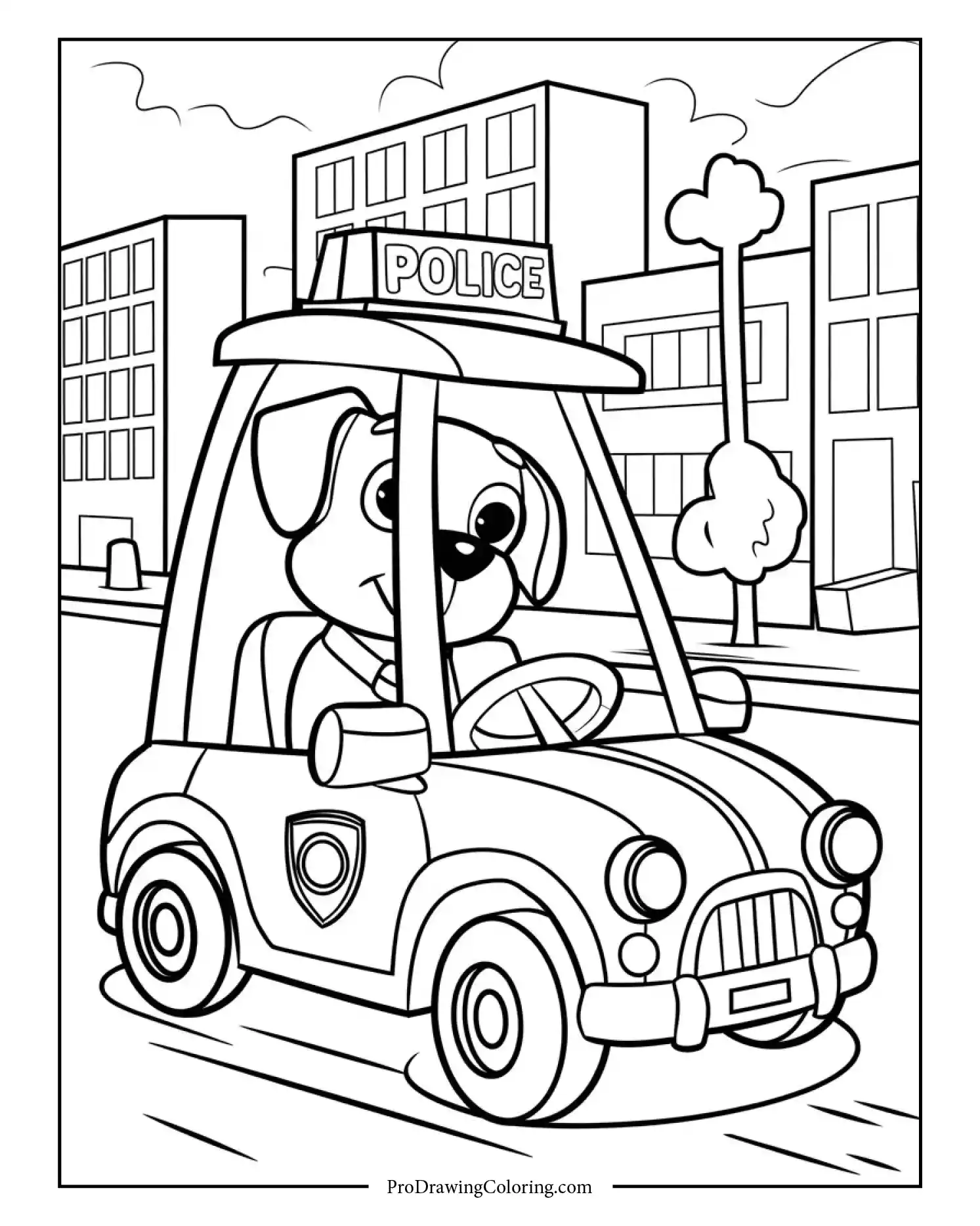 Cute cartoon dog driving a police car in the city streets, kids coloring activity page