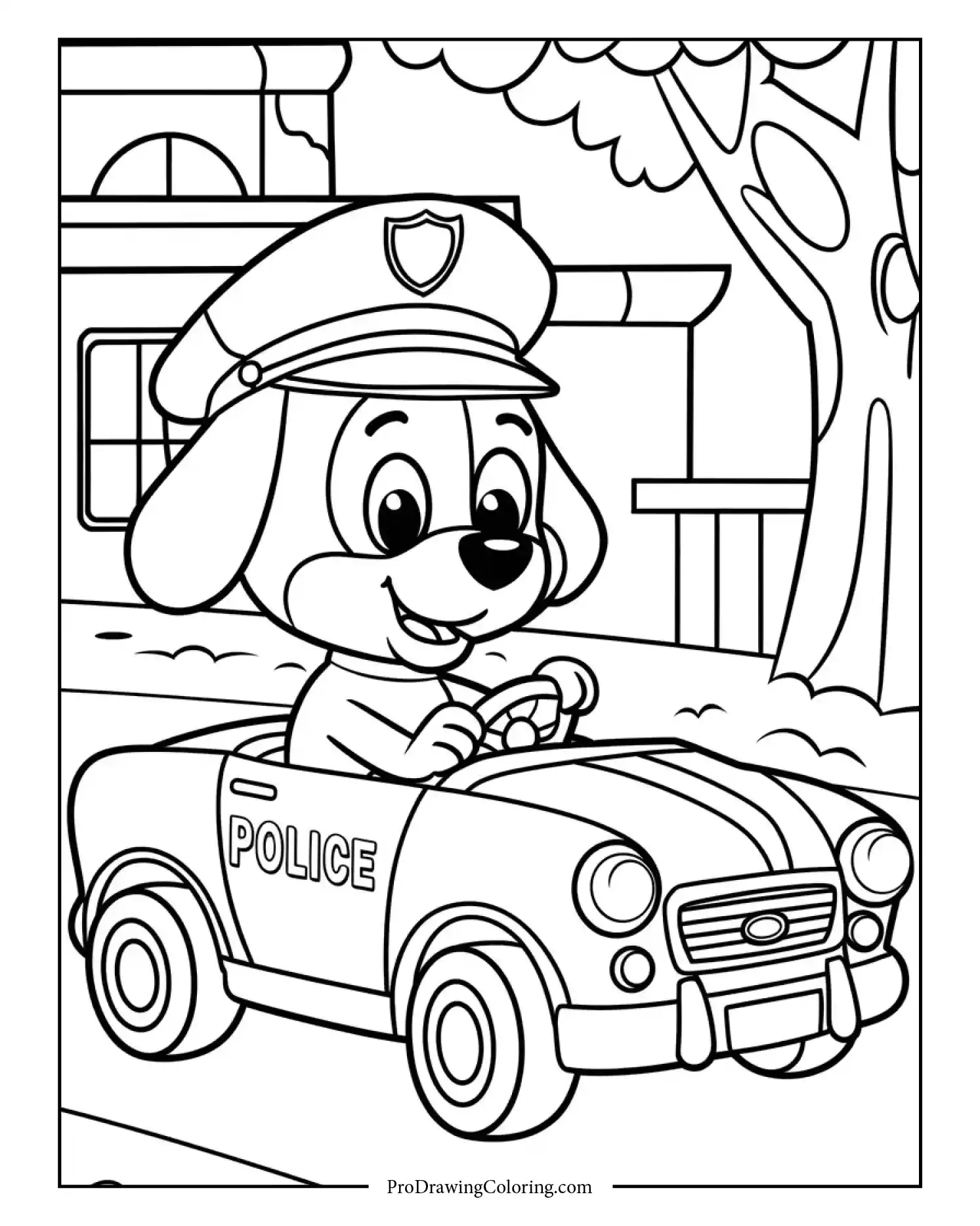 Cartoon dog dressed as police officer driving a patrol car near trees, easy coloring page for children