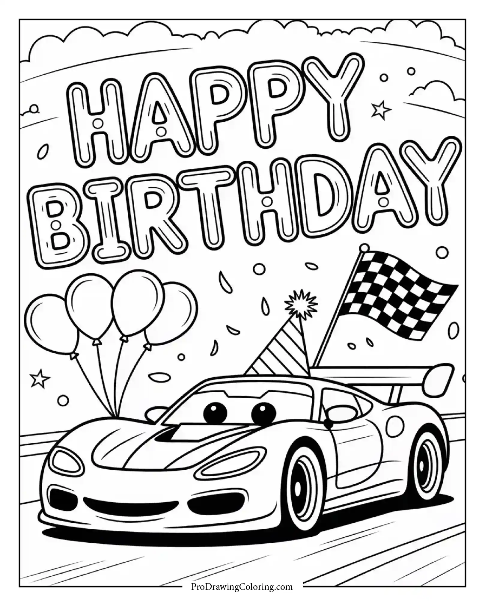 Happy birthday race car page with balloons and birthday racing theme.