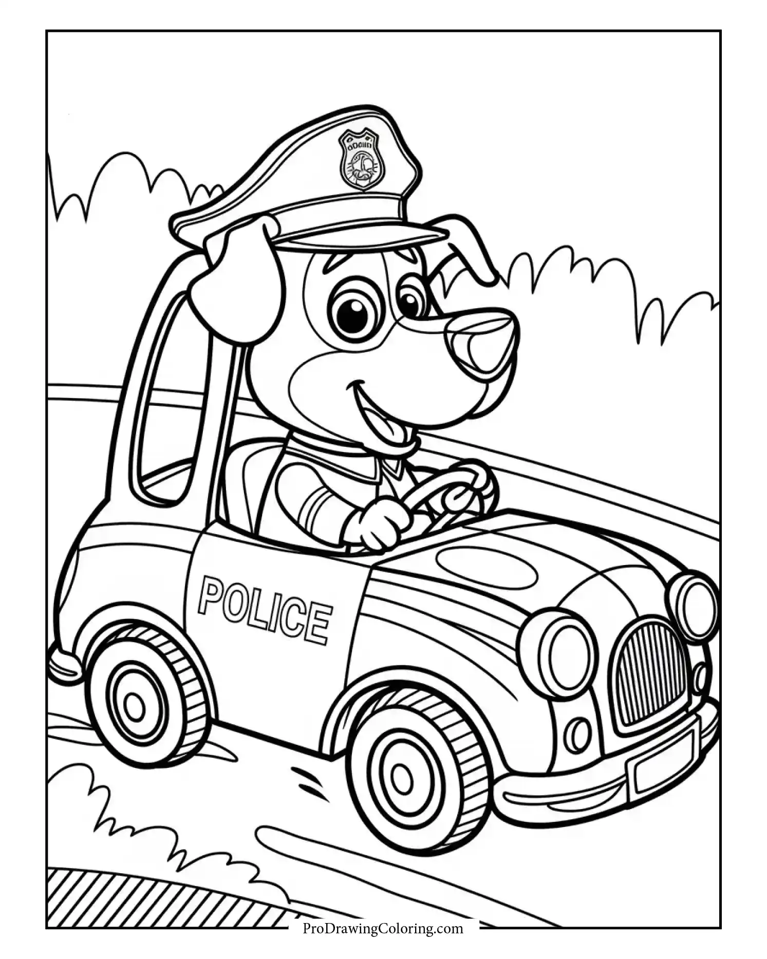 Cartoon dog police officer smiling while driving a small police car