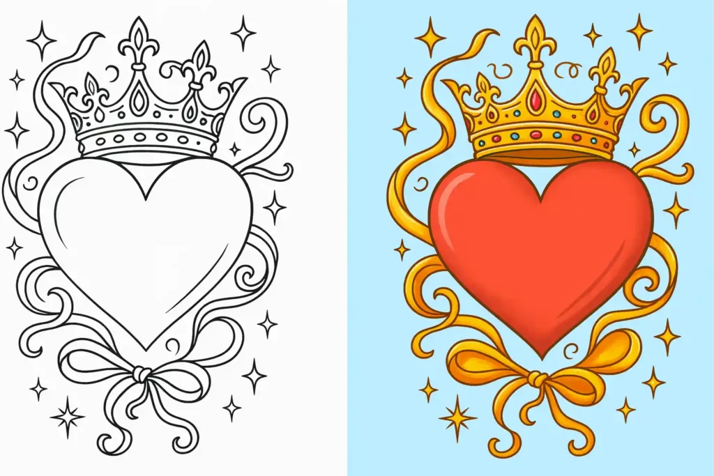 Heart coloring page with a royal crown, golden ribbons, and shining stars