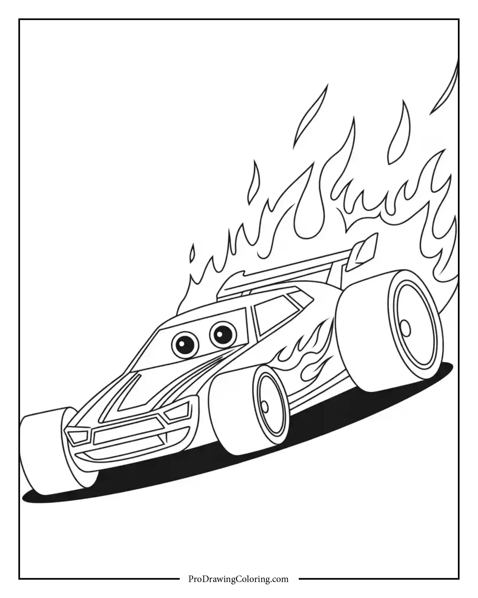Hot Wheels race car coloring page featuring big wheels and flame decals.