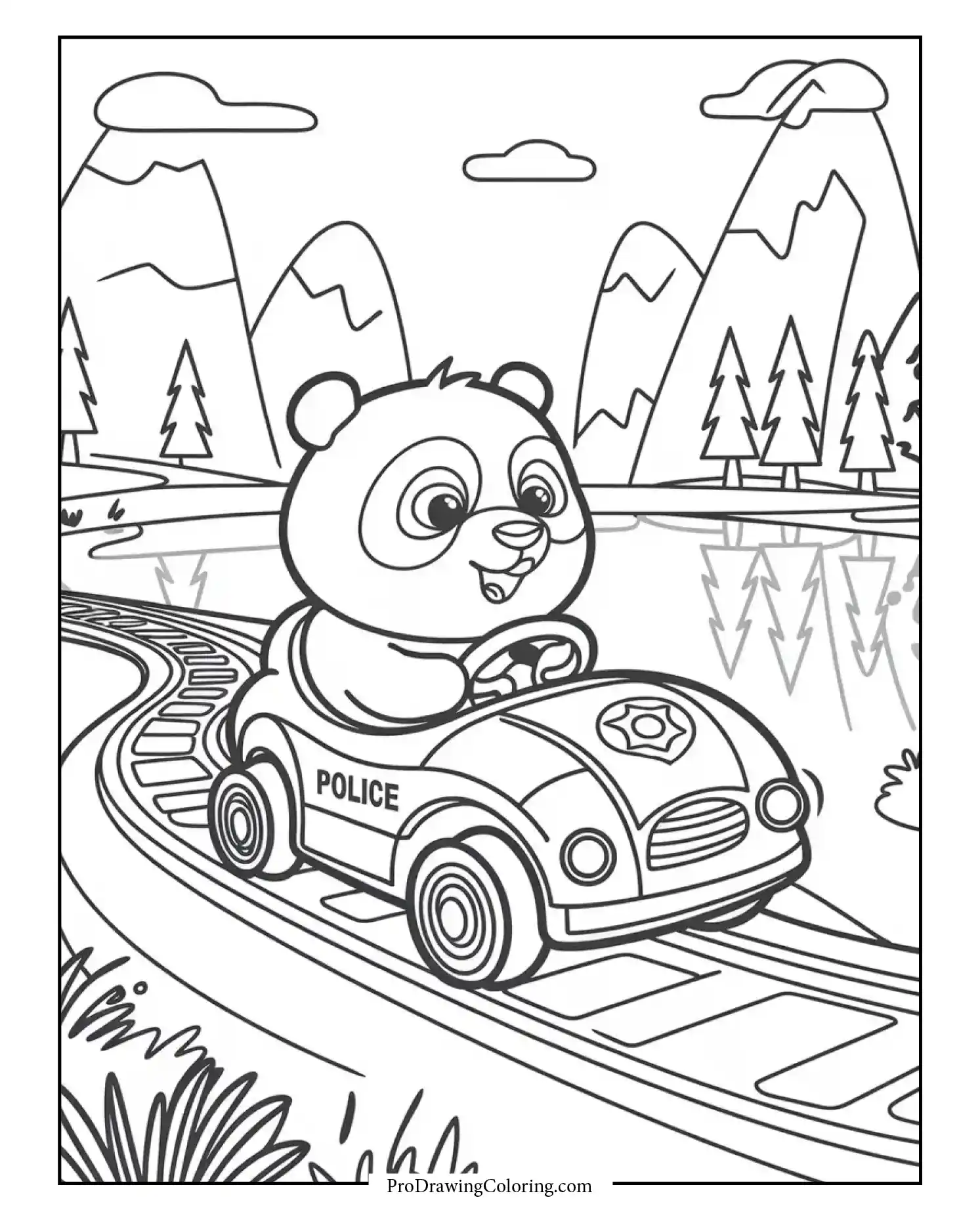 Smiling panda driving a police car in the mountains, simple printable coloring sheet