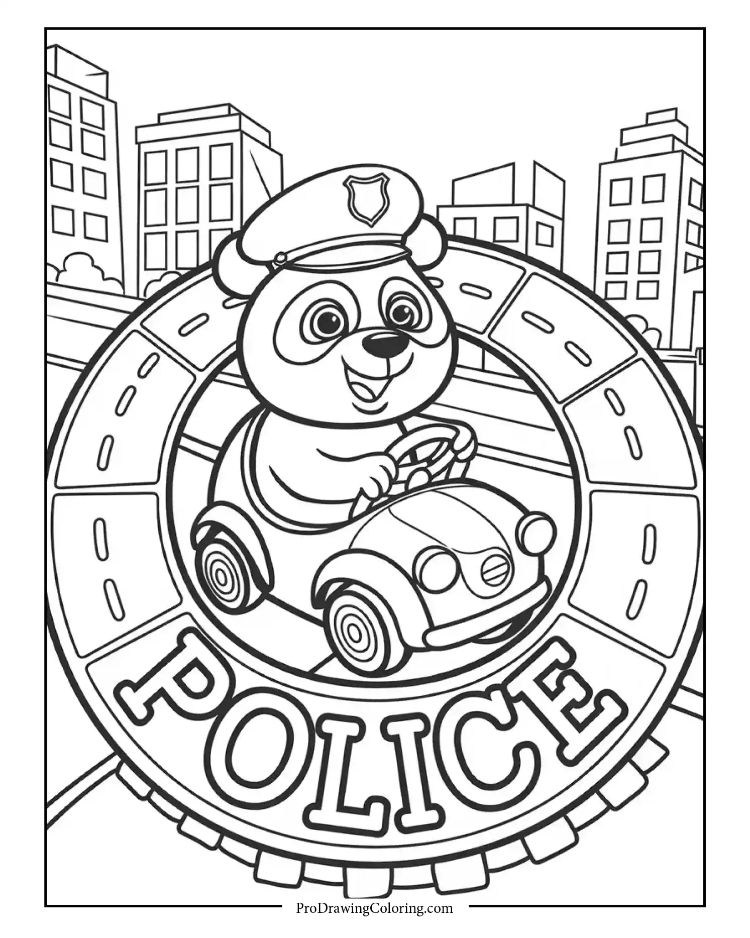 Cute panda police officer driving a cartoon police car in the city