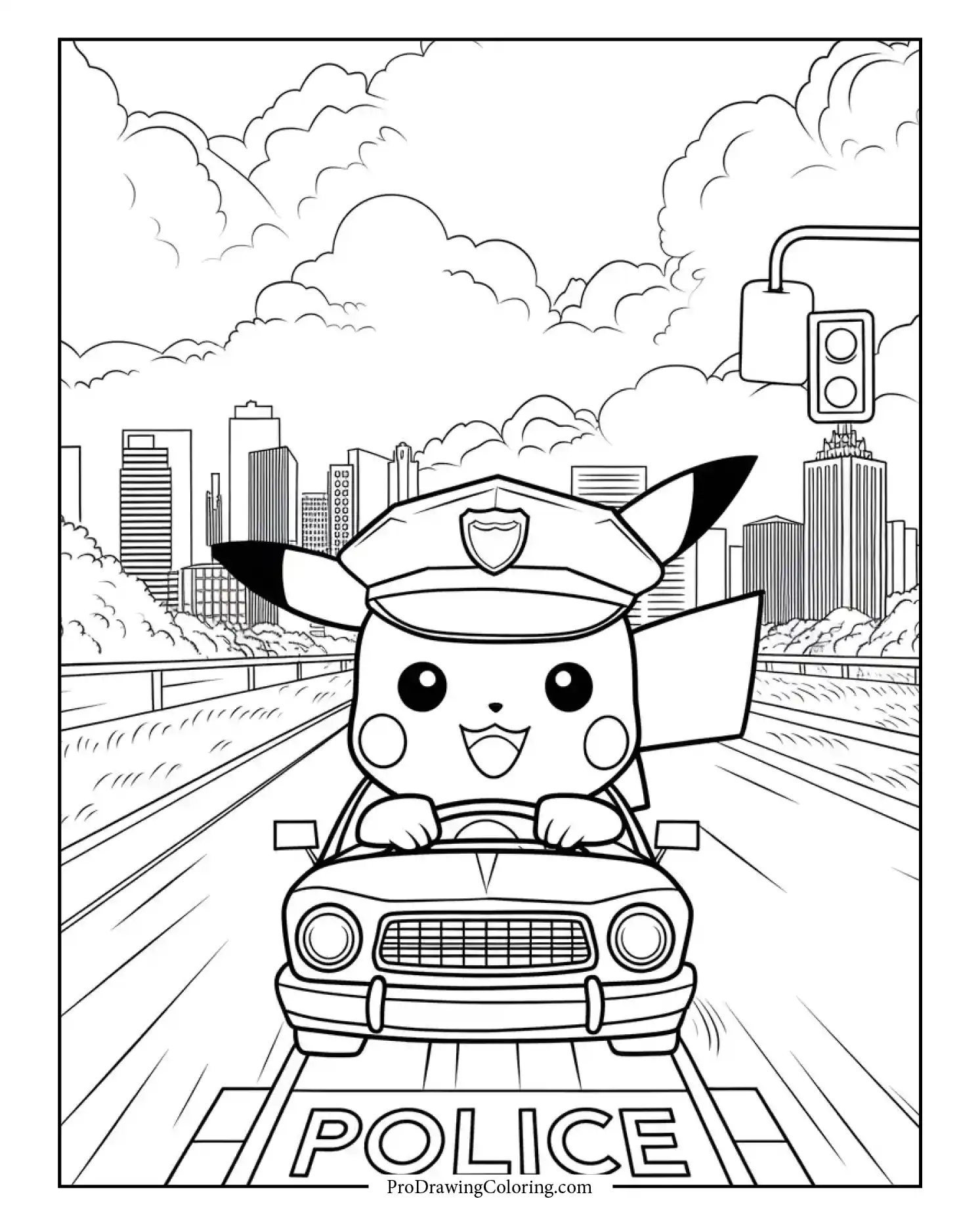 Cute Pikachu wearing police cap driving a police car on the road with city background