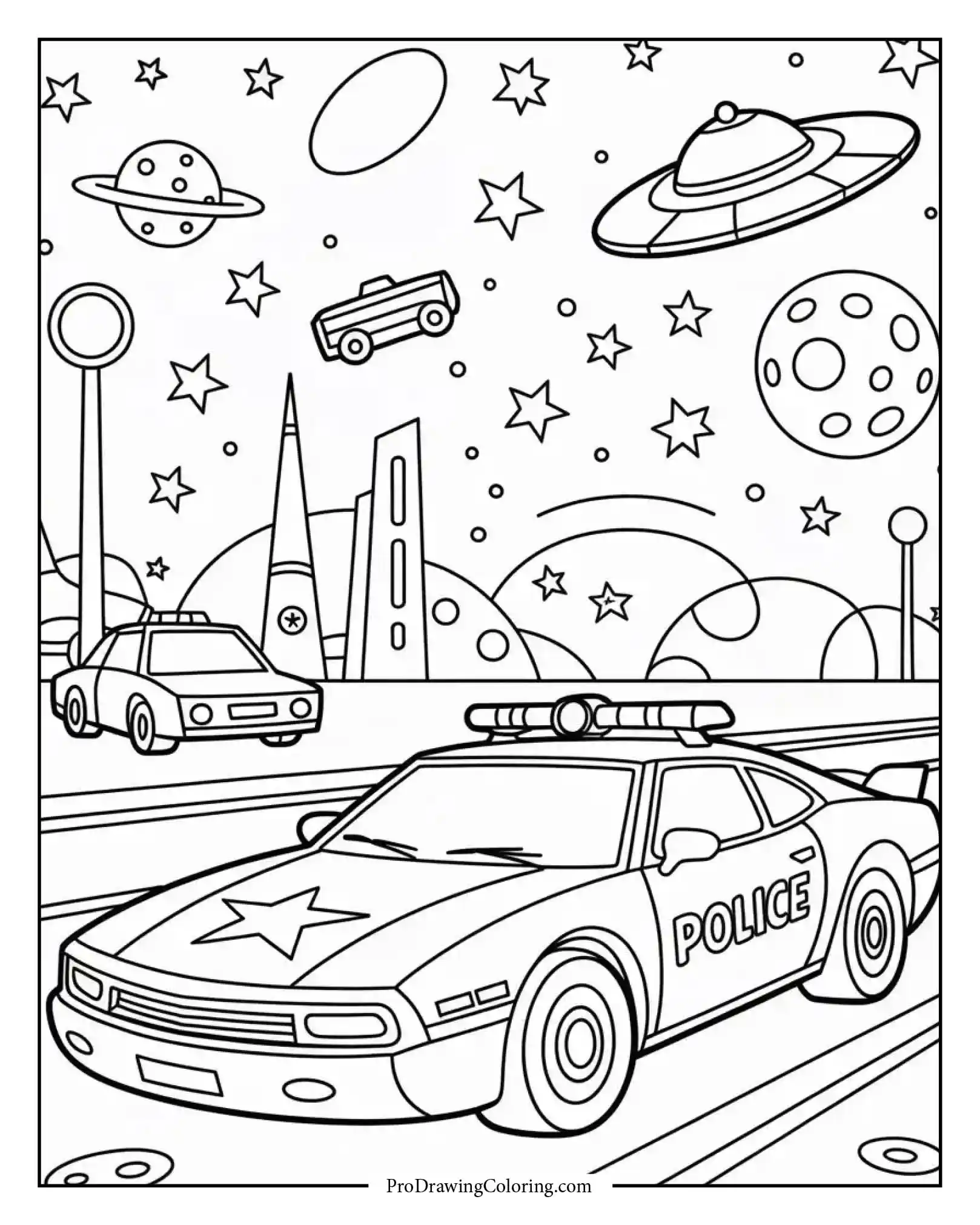Police car in space coloring page with stars, aliens, and futuristic sirens.