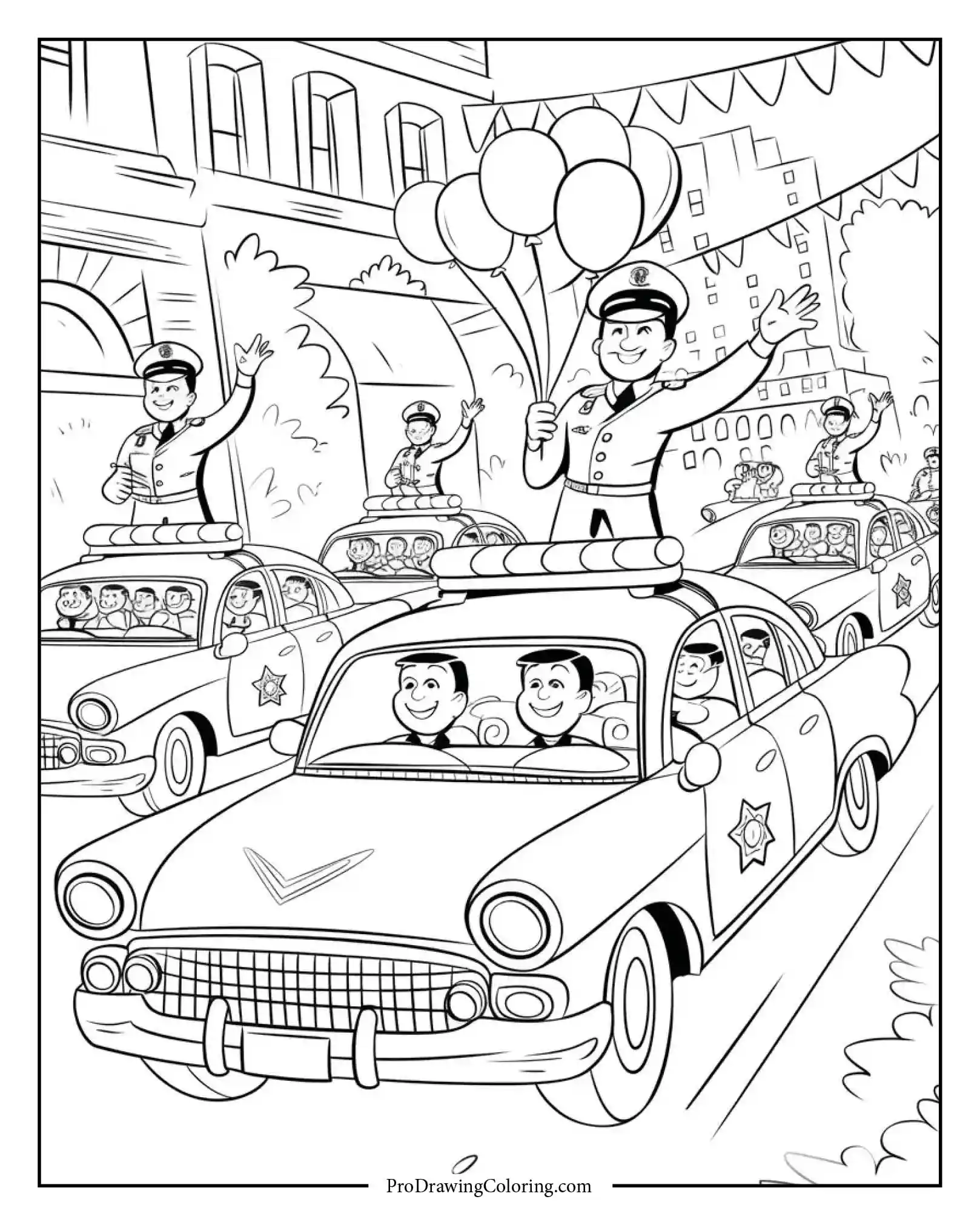 Police car parade coloring page with flags, balloons, and celebration.