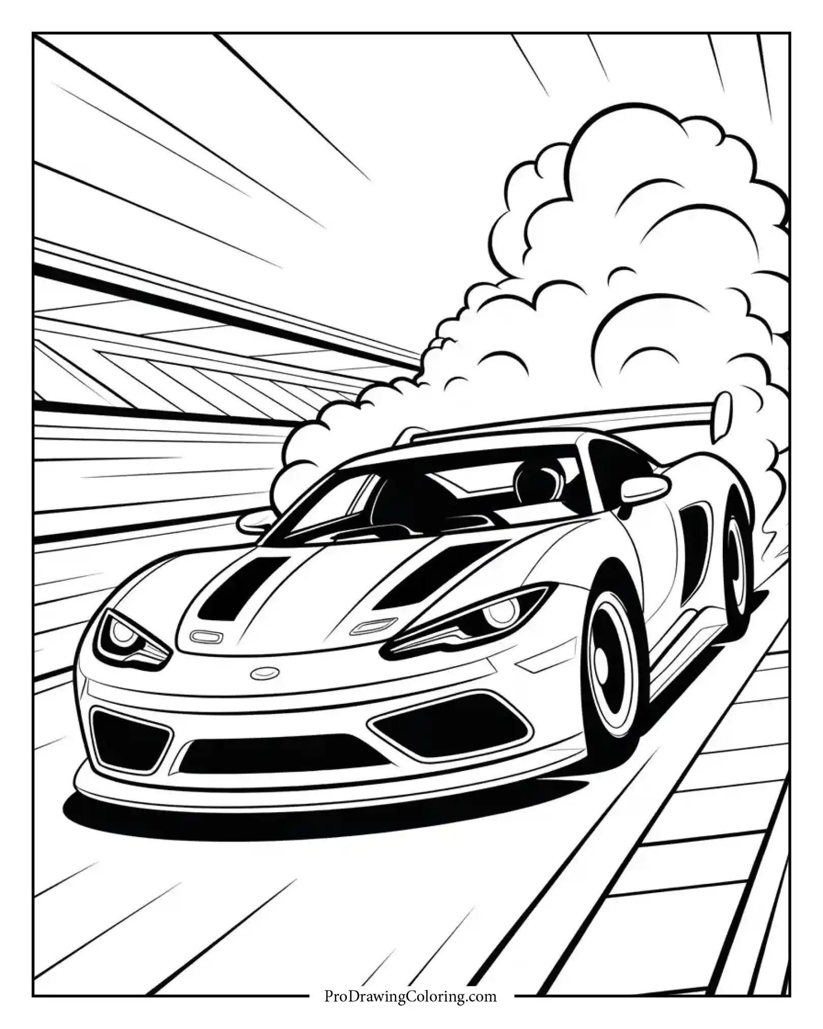 A fast car racing on the track and bold outlines.