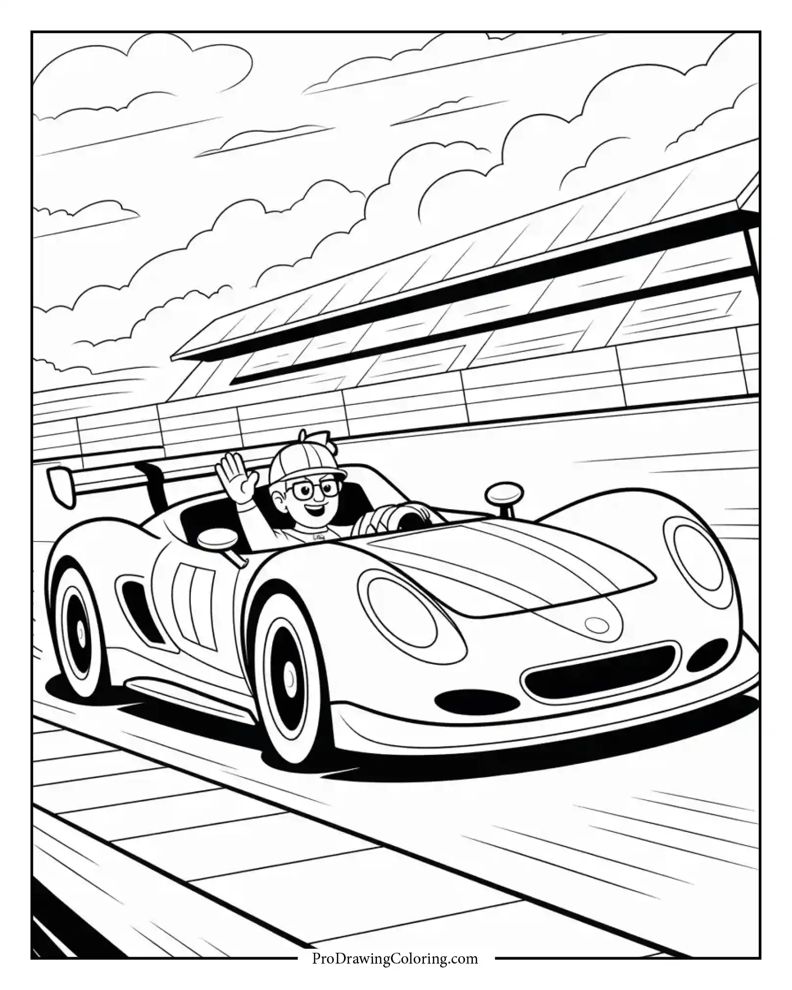 Race car driving printable page with a waving driver and motion lines.