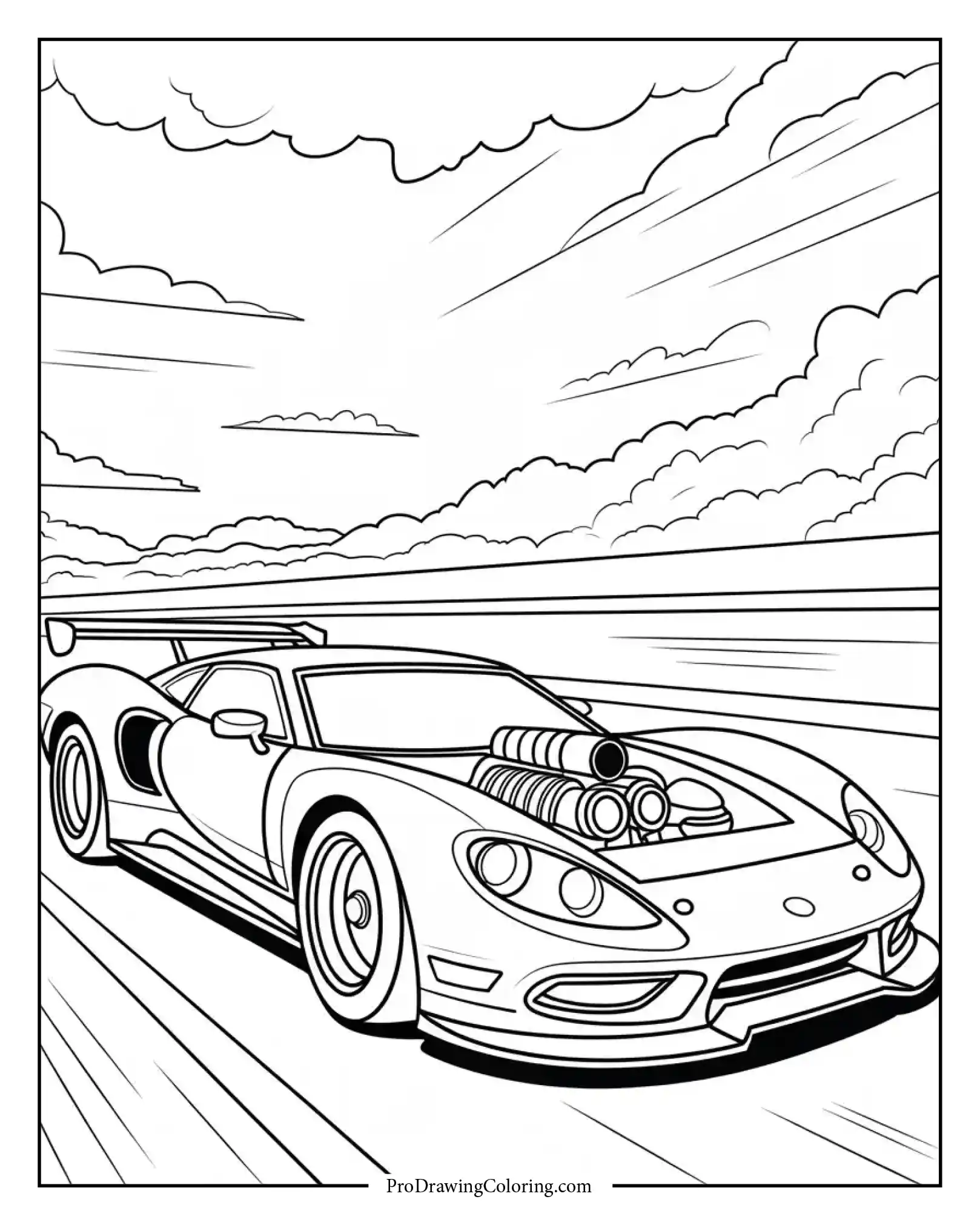 Race car to print for adults with realistic detailing and intricate lines.
