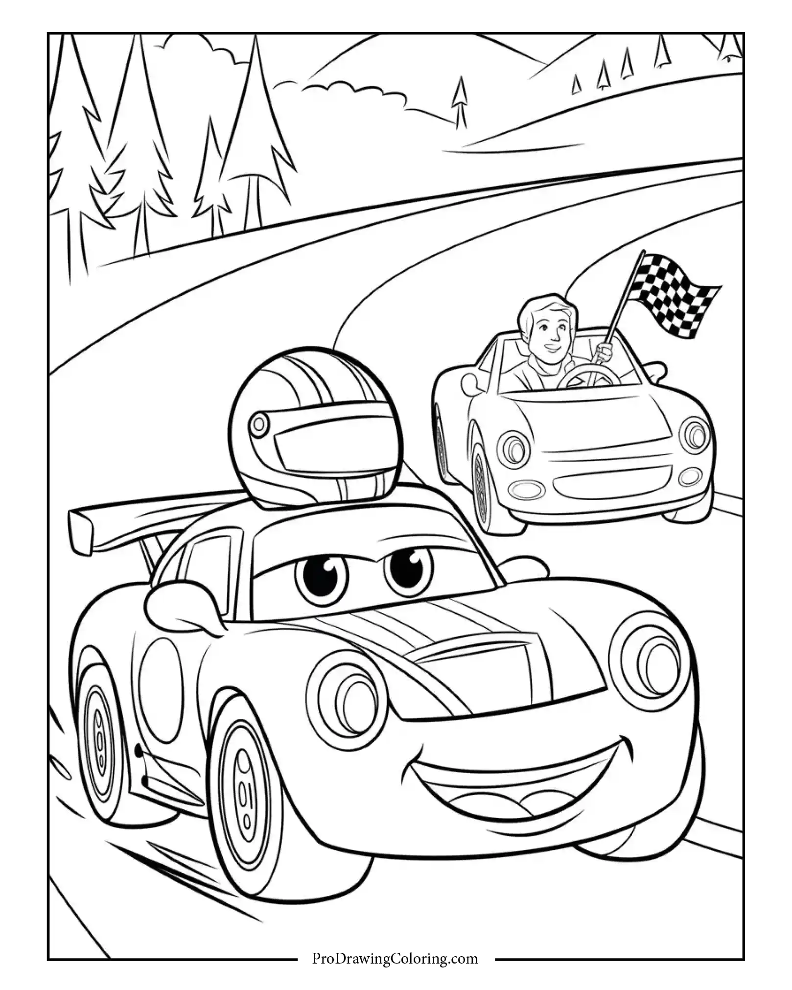 Cartoon race car with a smiling face racing on the track, printable race car coloring page for children