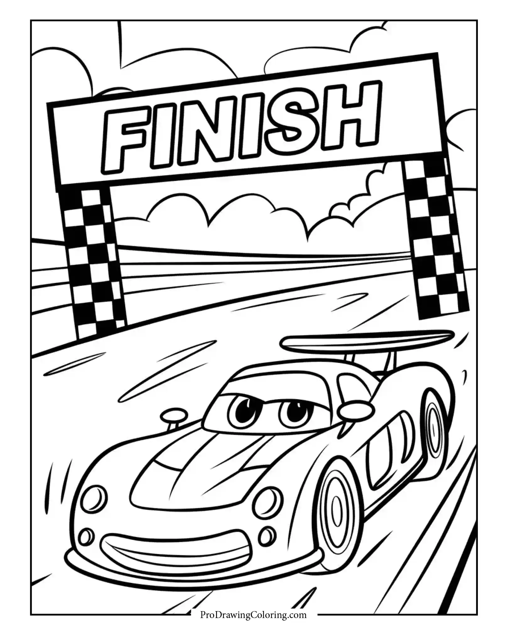 Fast cartoon race car crossing the finish line with determination