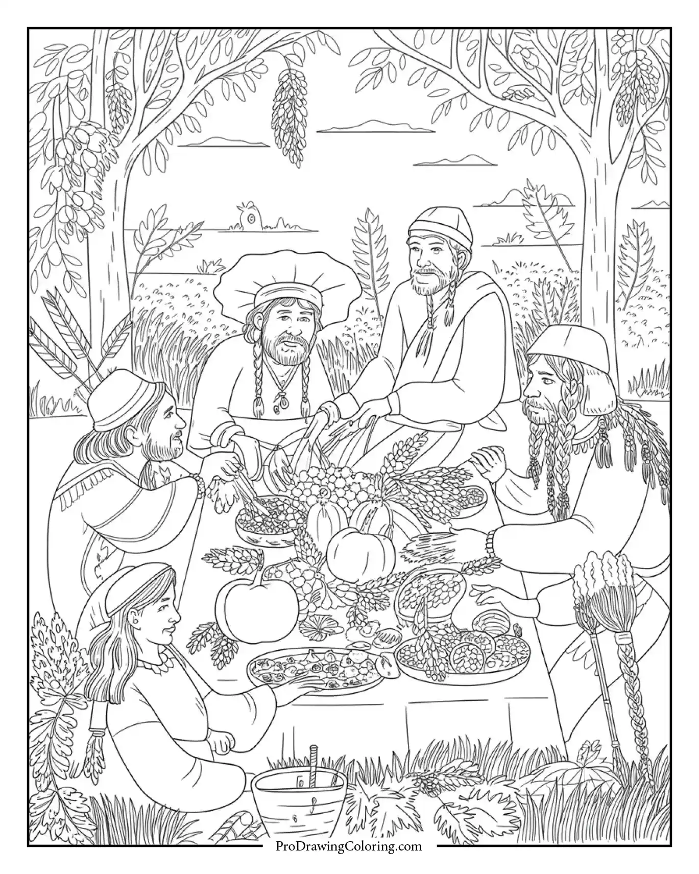thanksgiving harvest meal Scene of pilgrims and Native Americans sitting together for a Thanksgiving meal