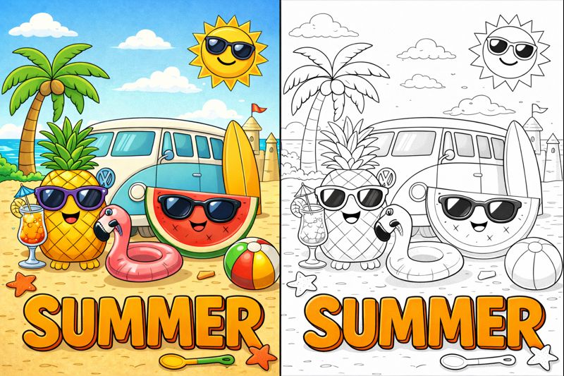 Summer coloring pages showing a cute pineapple and watermelon with eyes next to a Volkswagen van on the beach, left side in full color and right side as clean black and white line art