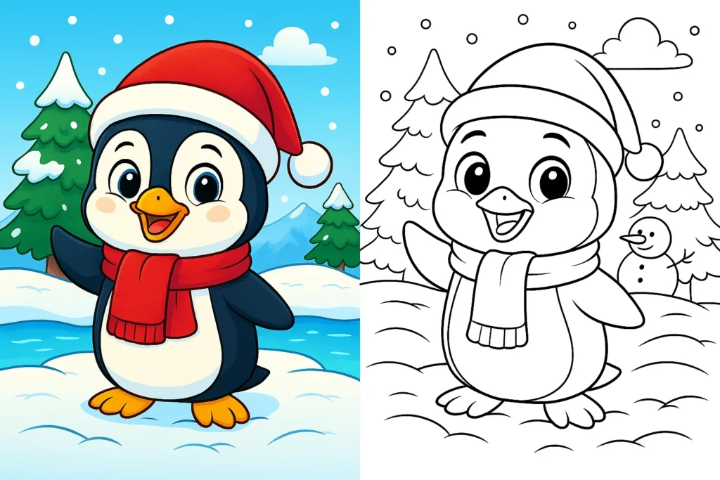 Free penguin coloring pages – happy winter penguin with scarf, easy printable sheet.