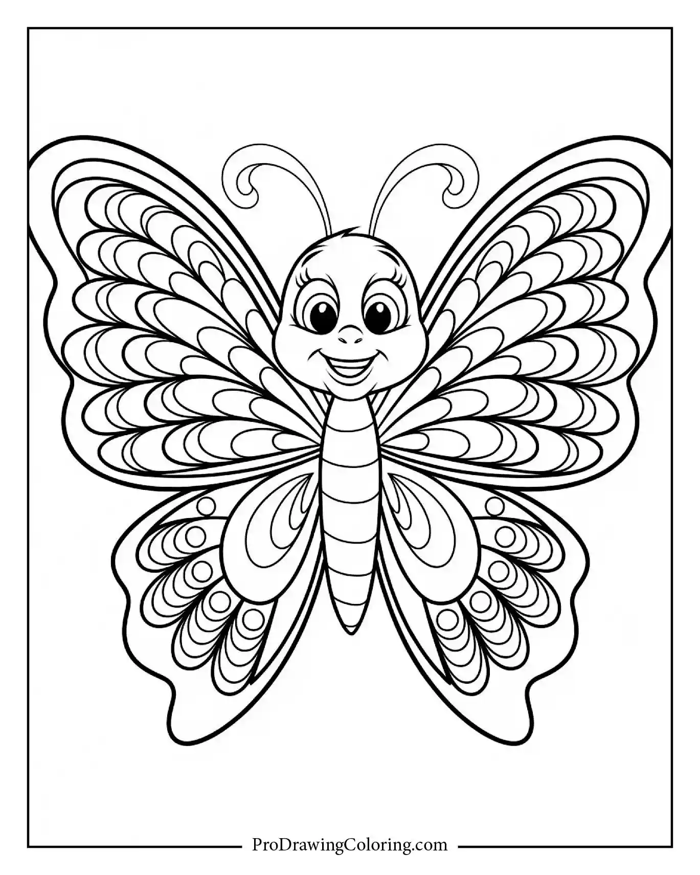 Cute smiling butterfly design with dotted and swirled wings, a cheerful printable for coloring lovers.