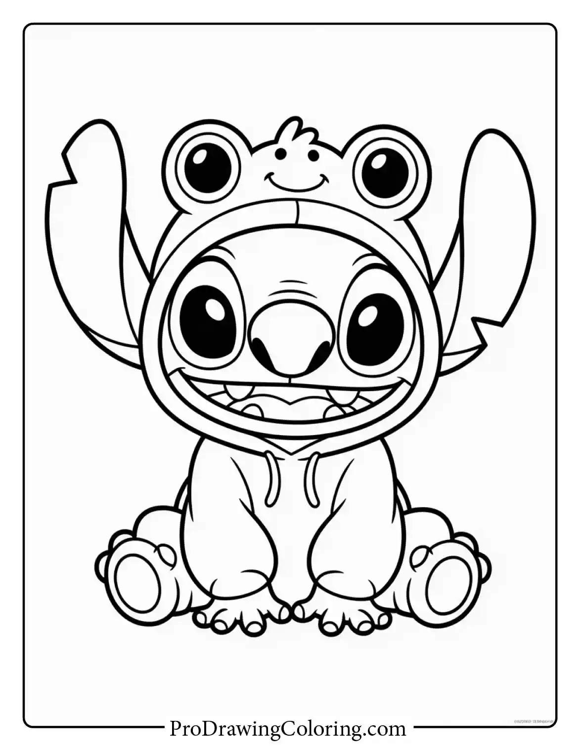 Sweet adorable cute stitch coloring pages featuring a baby character in a hooded costume.