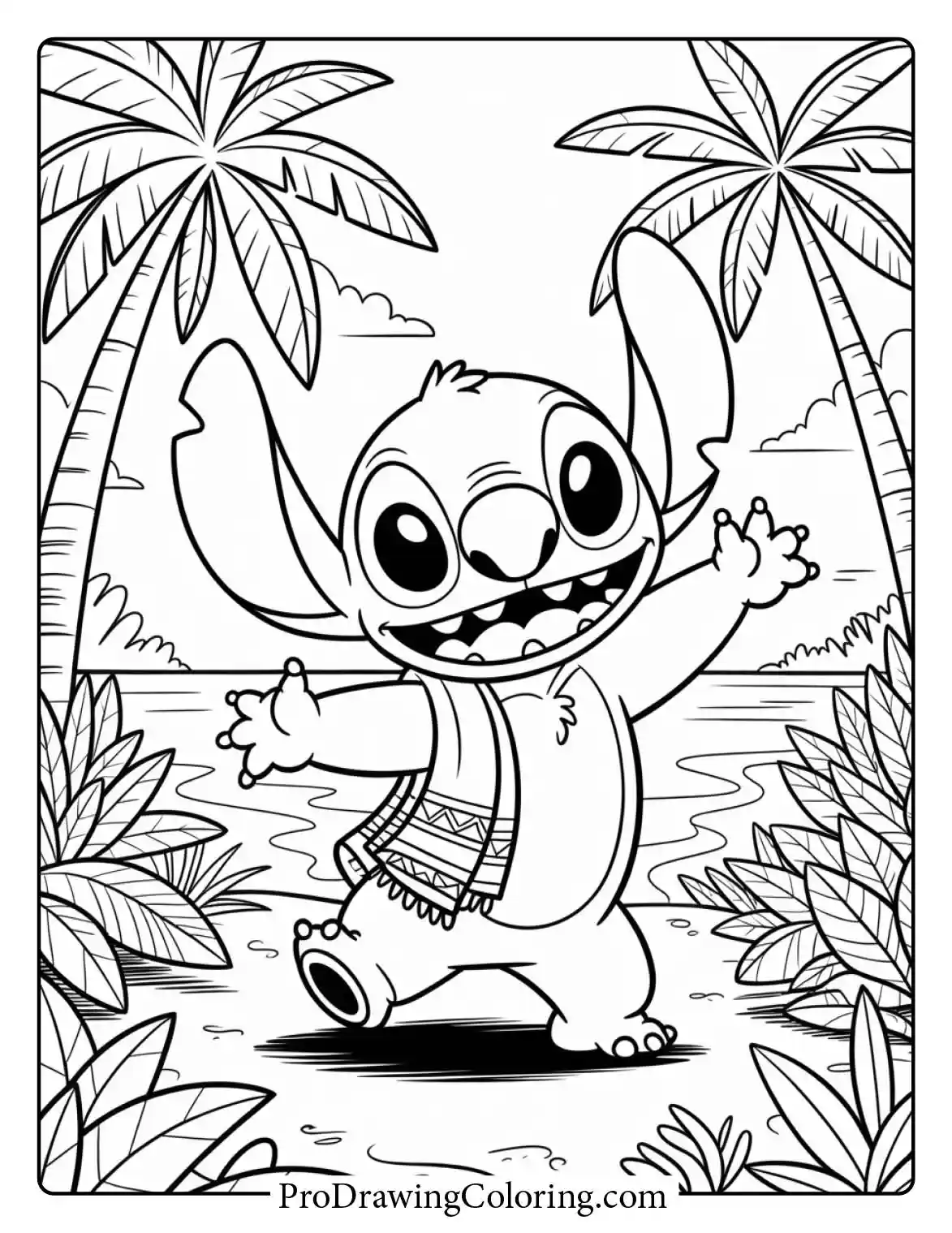 Grab these adorable cute stitch coloring pages of a happy character dancing in Hawaii.