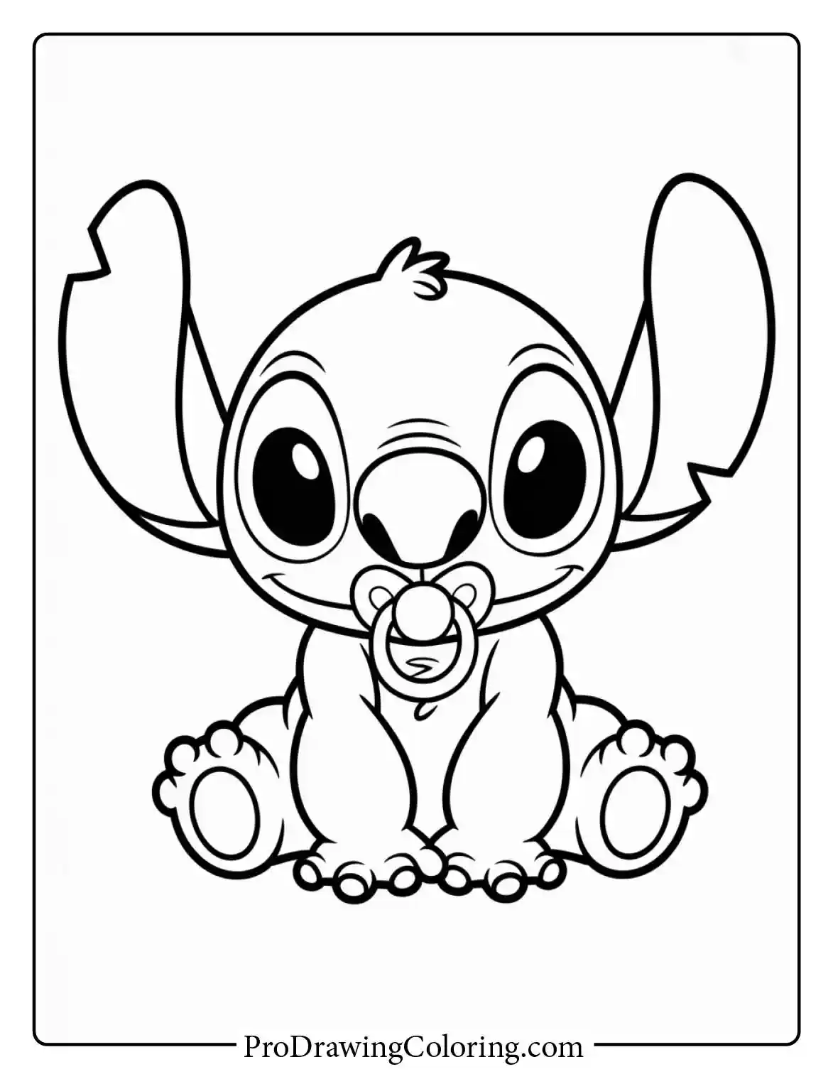 Very adorable cute stitch coloring pages showing a baby version of the character with a pacifier.