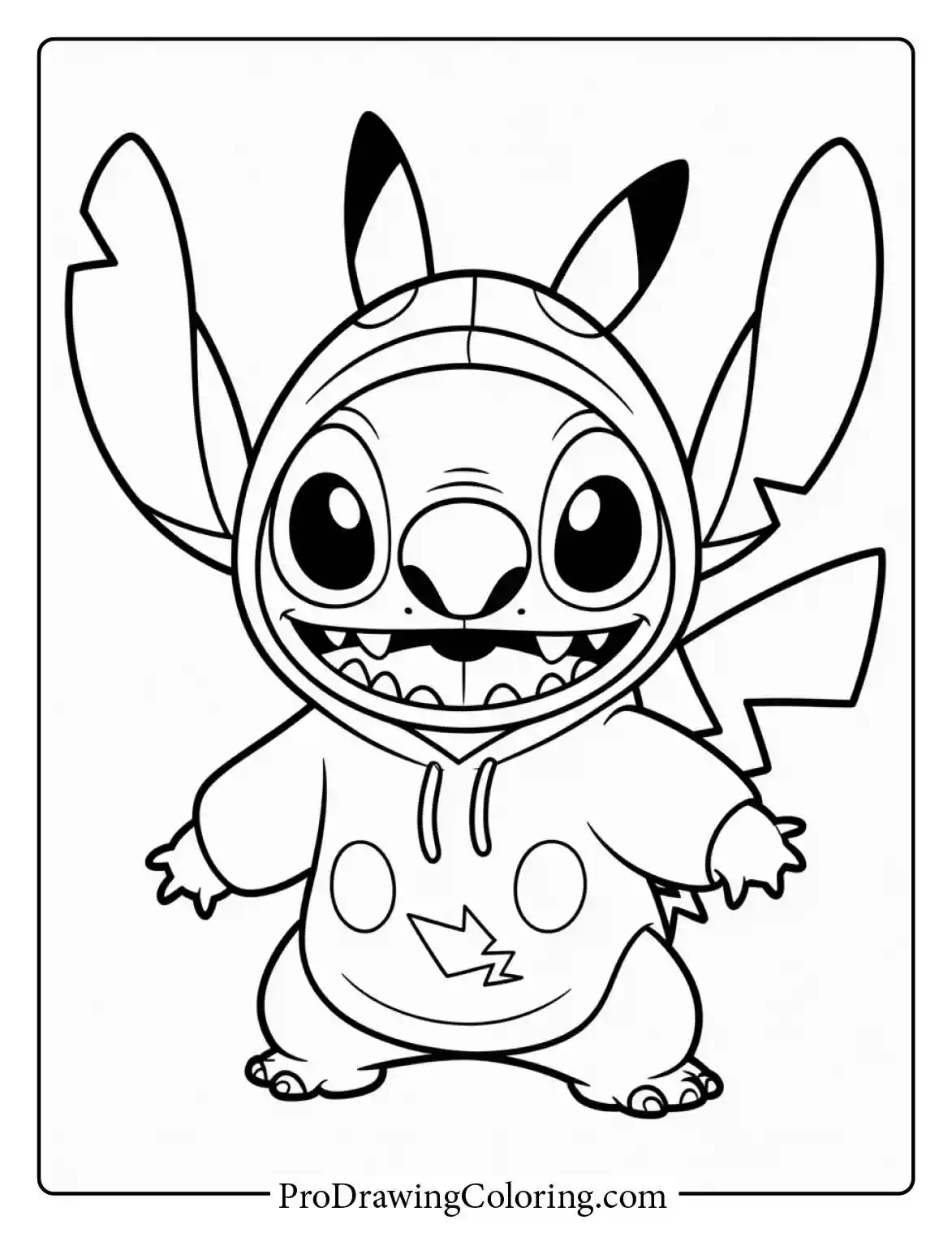 Fun adorable cute stitch coloring pages showing him dressed as the Pikachu character.