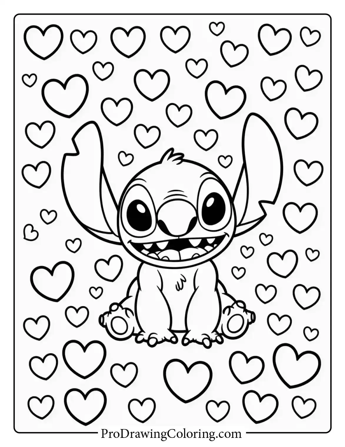 Romantic adorable stitch coloring pages with a background full of hearts for a happy Valentine.