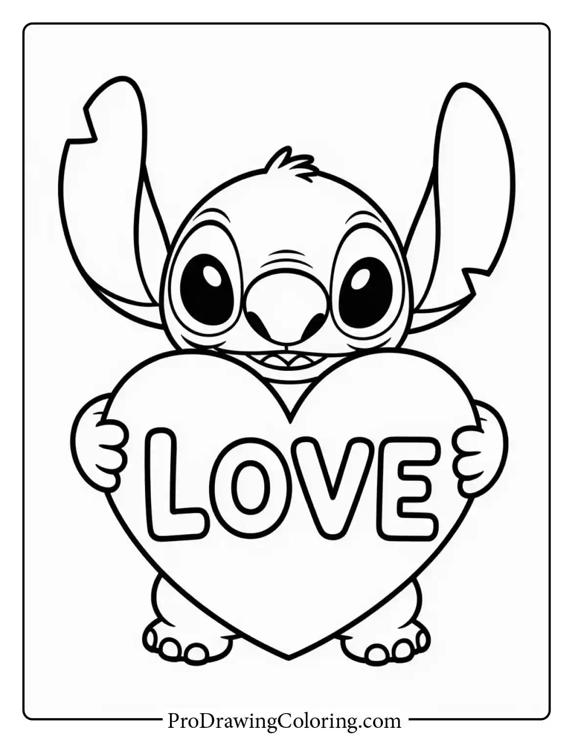 Share the love with adorable stitch coloring pages holding a large heart sign for a happy Valentine.