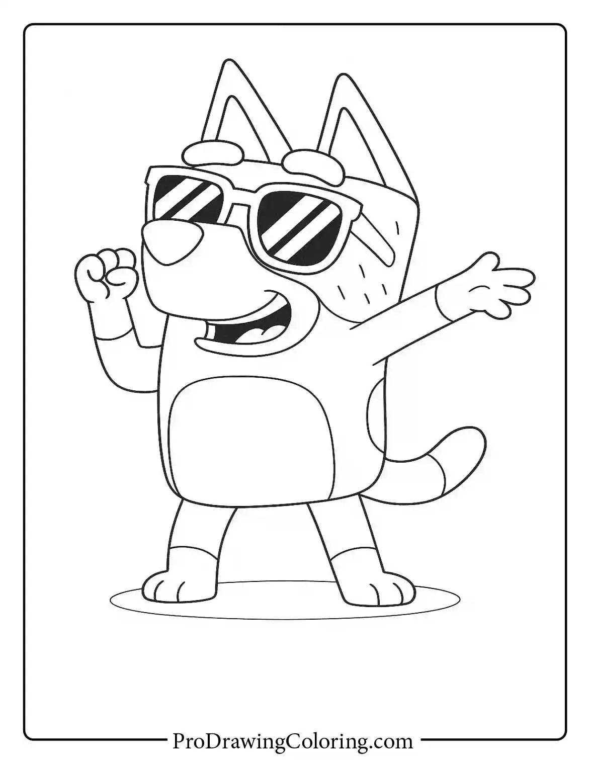 Fun colouring page of cool dad from bluey wearing summer sunglasses for adults and kids.