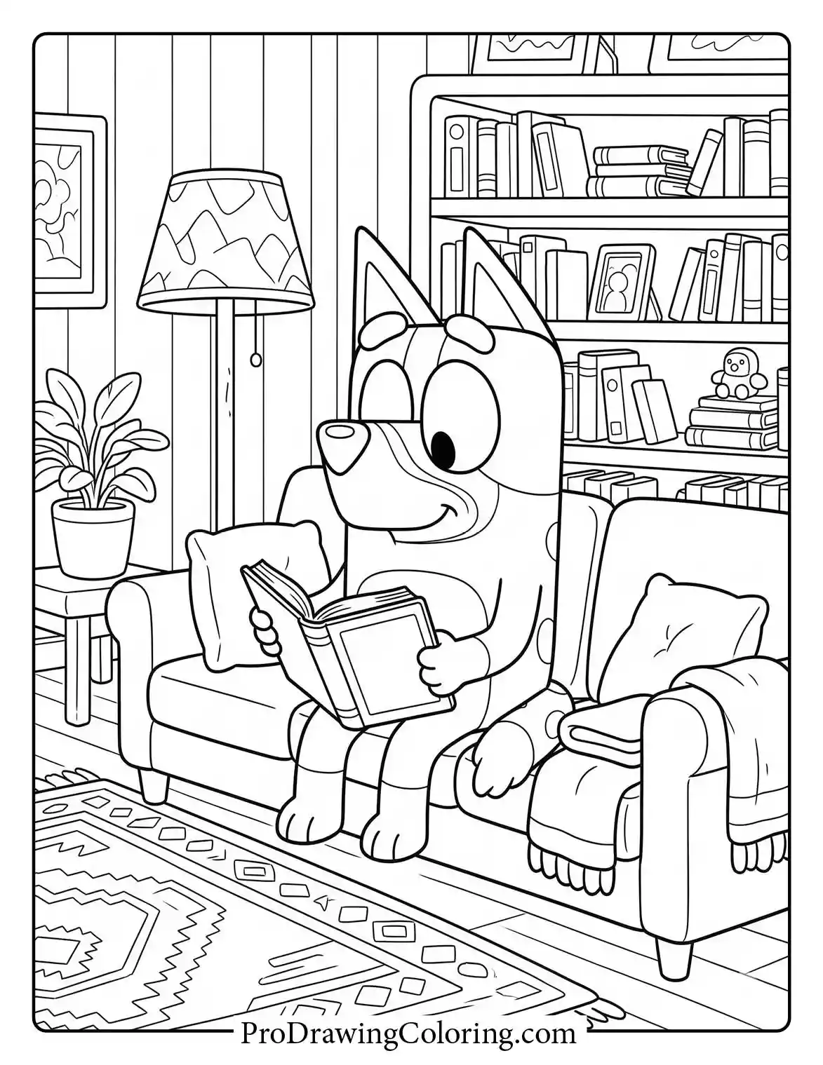 Colouring sheet of Bluey sitting comfortably on the living room sofa reading an interesting book.