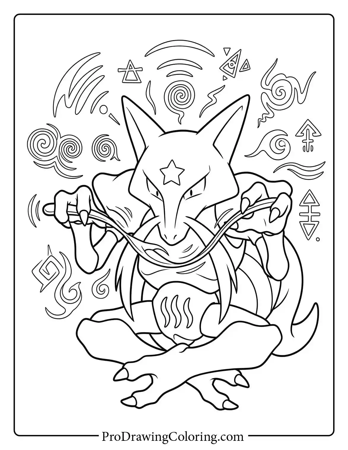 Coloring page featuring Alakazam sitting in a meditative pose, holding its signature spoons while surrounded by floating psychic energy and mysterious ancient symbols.