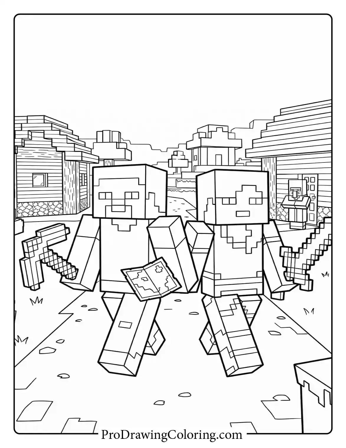 Exciting minecraft sheets showing Alex and Steve exploring together with a map and sword in front of village houses.