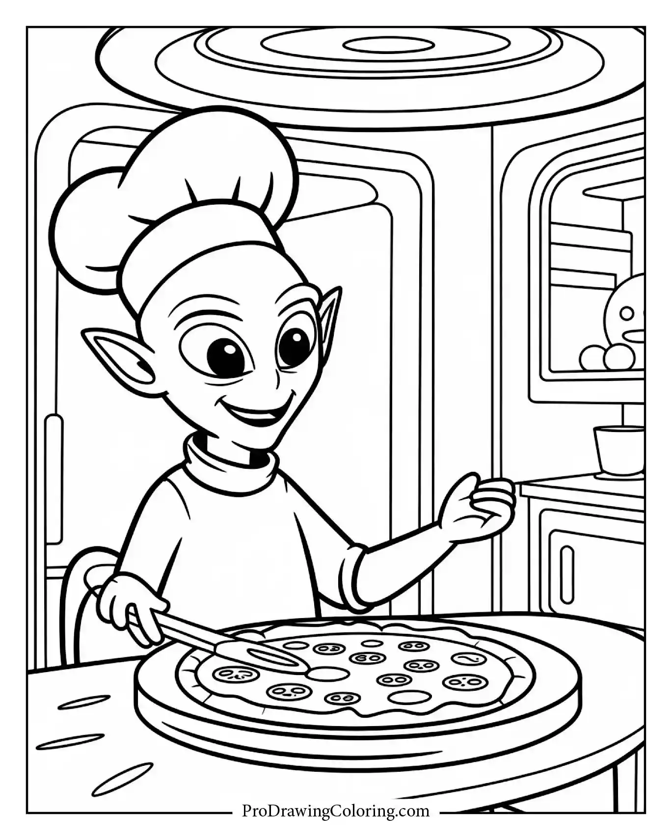 Funny alien chef cooking pizza in zero gravity, playful space scene for kids.