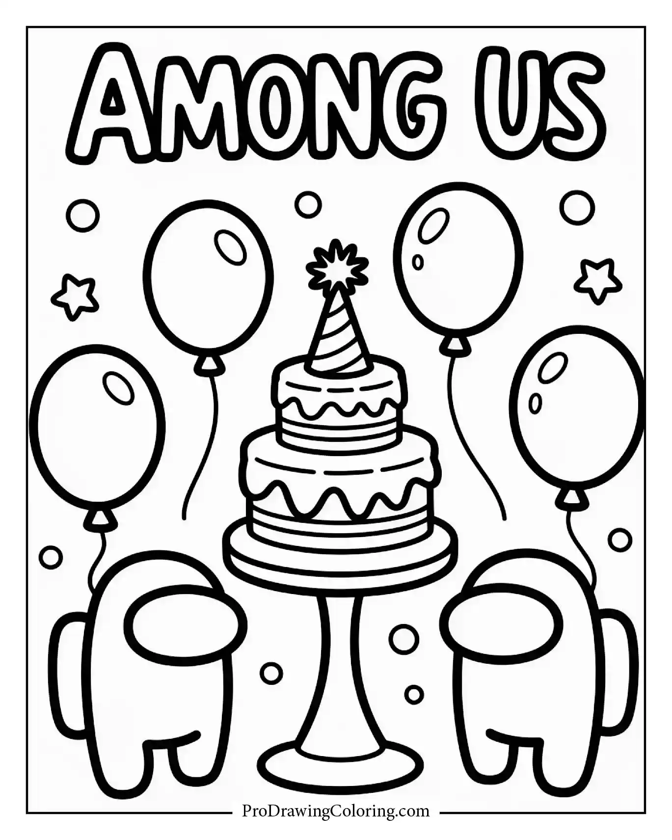 Among Us coloring pages – birthday celebration with cake and balloons