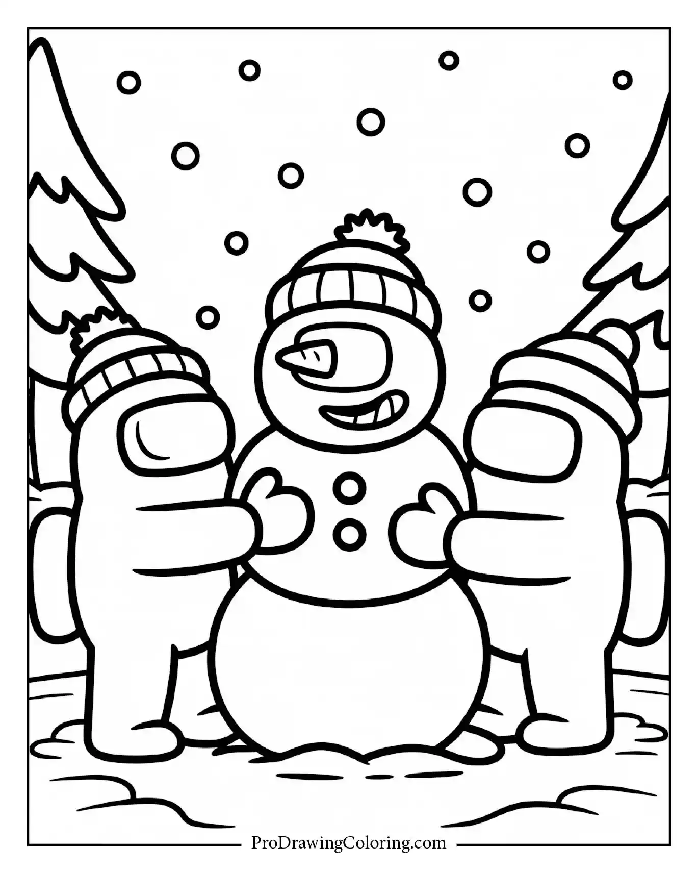 Among Us coloring pages – winter snowman building scene