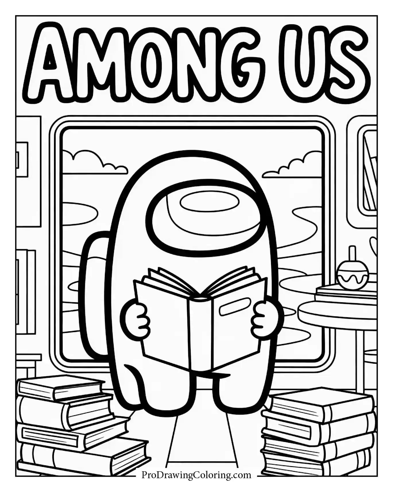 Among Us coloring pages – crewmate reading book studying