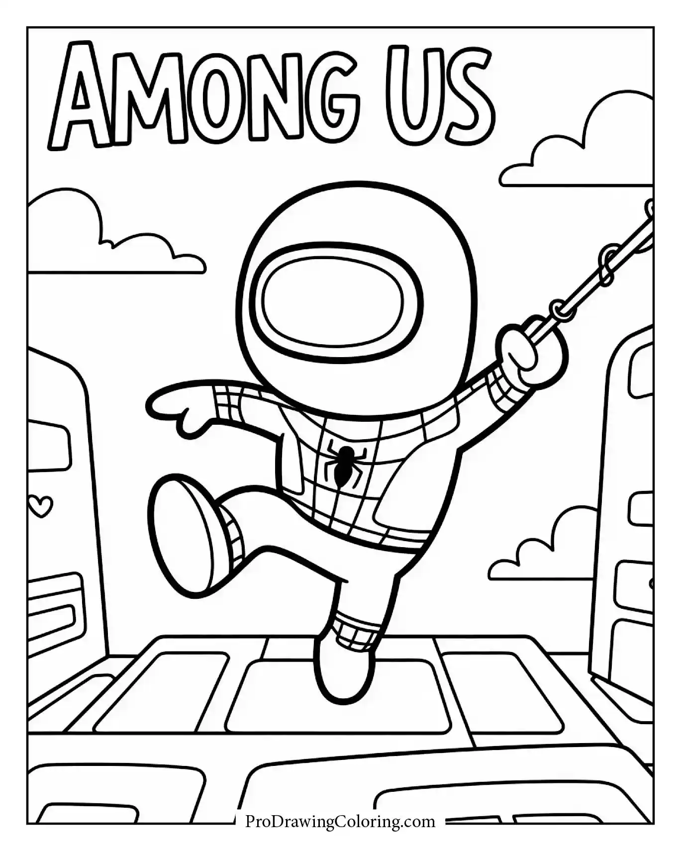 Among Us coloring pages – Spiderman crewmate swinging from web
