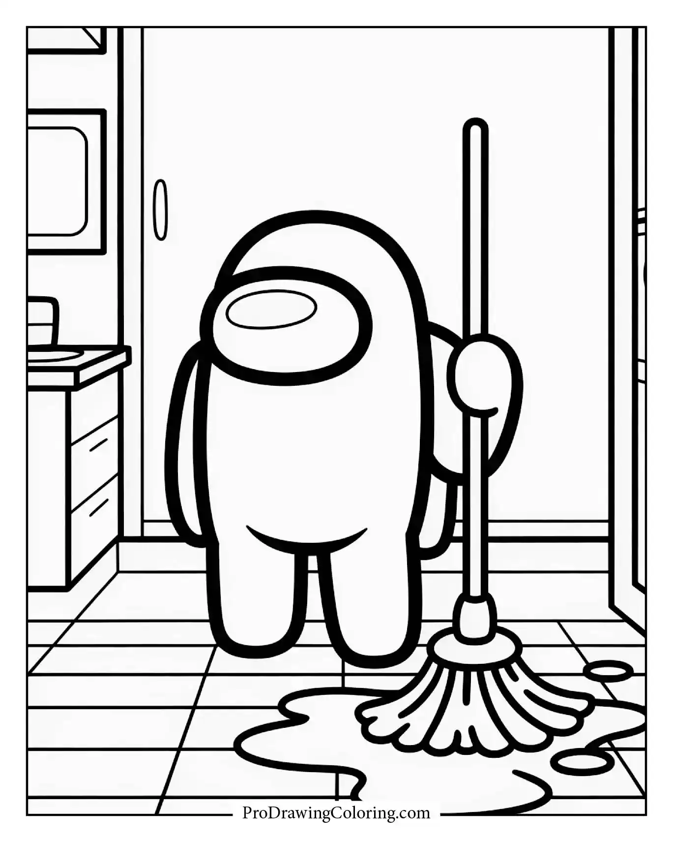 Among Us coloring pages – crewmate washing floor cleaning task